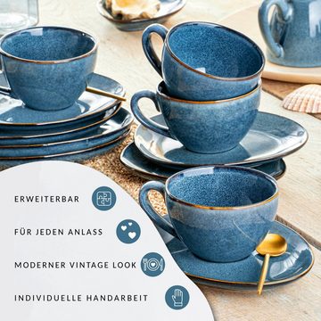 SÄNGER Kaffeeservice Darwin Kaffeetassen Set (8-tlg), 4 Personen, Steingut, Handmade, 300 ml, Blau