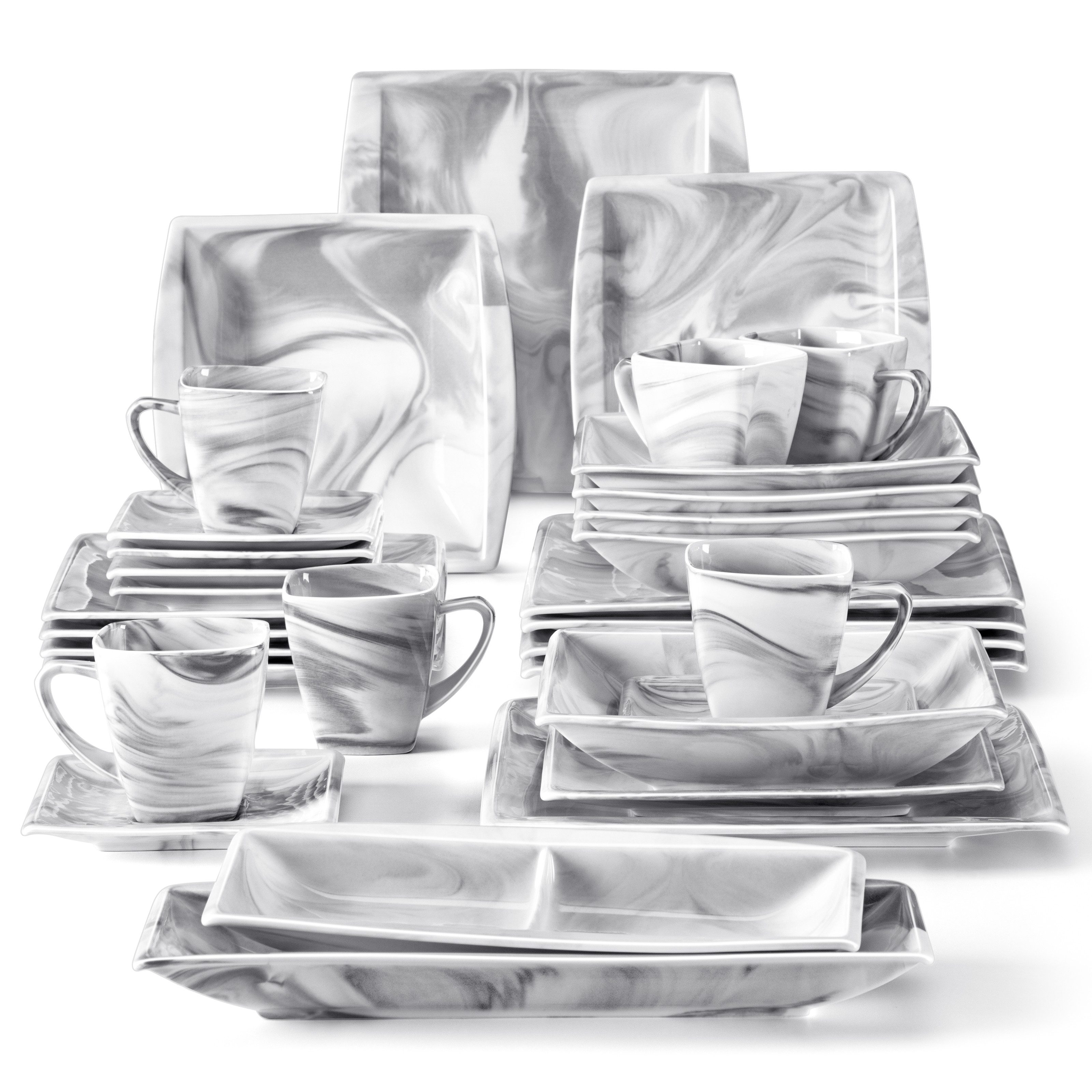 MALACASA Geschirr-Set Tafelservice BLANCE für 4/6 Personen (32-tlg), 6 Personen, Porzellan, Porzellan Geschirrset, Marmor-grau