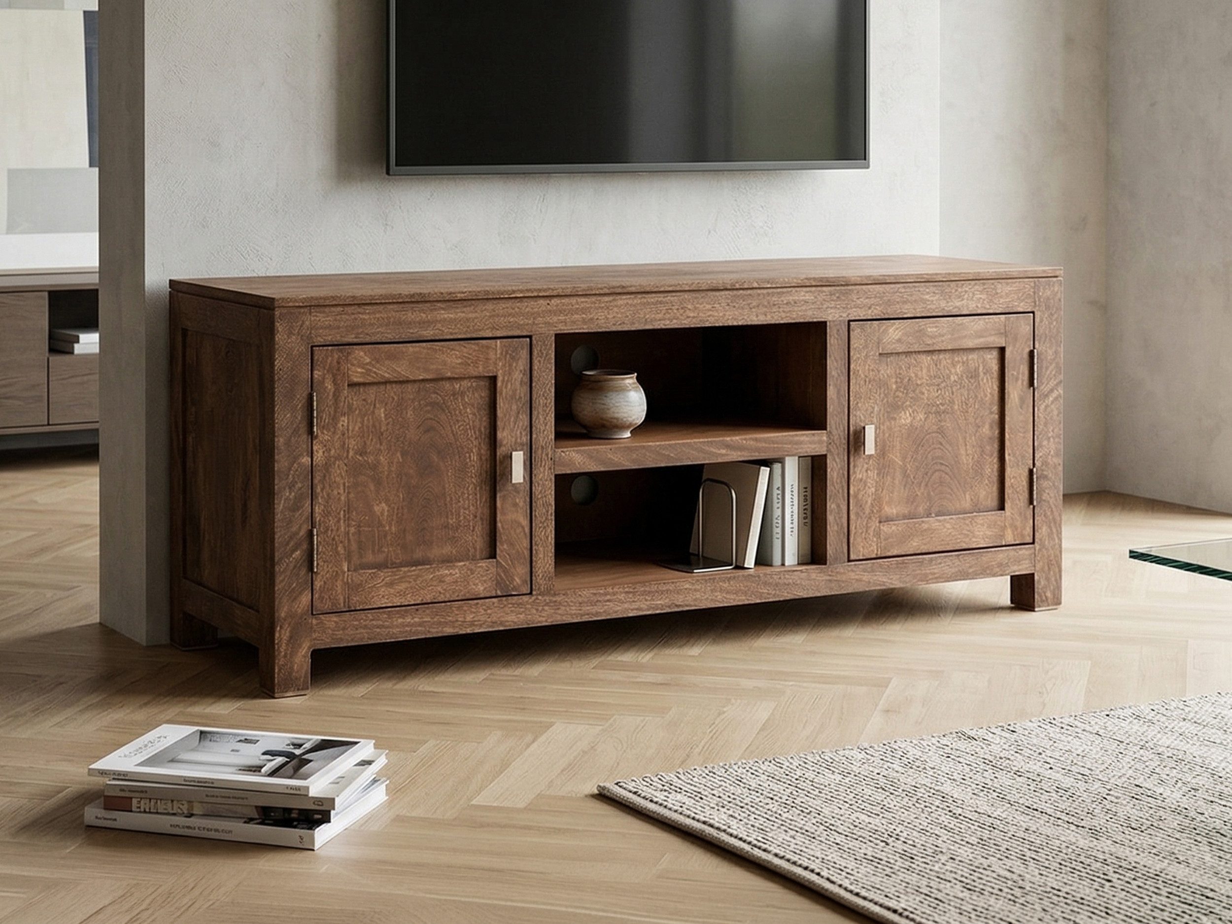 Massivart® Lowboard 145 cm Breite TV-Board Mango Holz gebeizt »MANGALA«, Massivholz · montiert · 2 Gerätefächer · Wohnzimmer