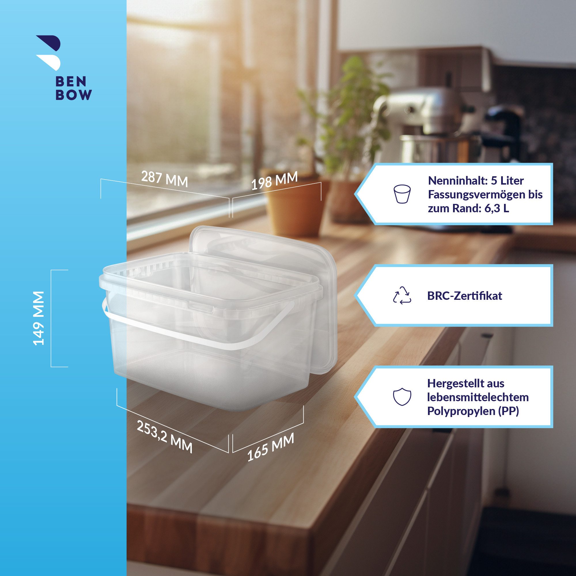 BENBOW Aufbewahrungssystem Rechteckiger Eimer mit Deckel 5l transparent - lebensmittelecht - leer, Polypropylen - Lebensmittelecht, Geschmacksneutral, Auslaufsicher, (1-tlg., PZH-, BRC- und DIN-ISO-zertifiziert), für Lebensmittel, Farben, Chemikalien