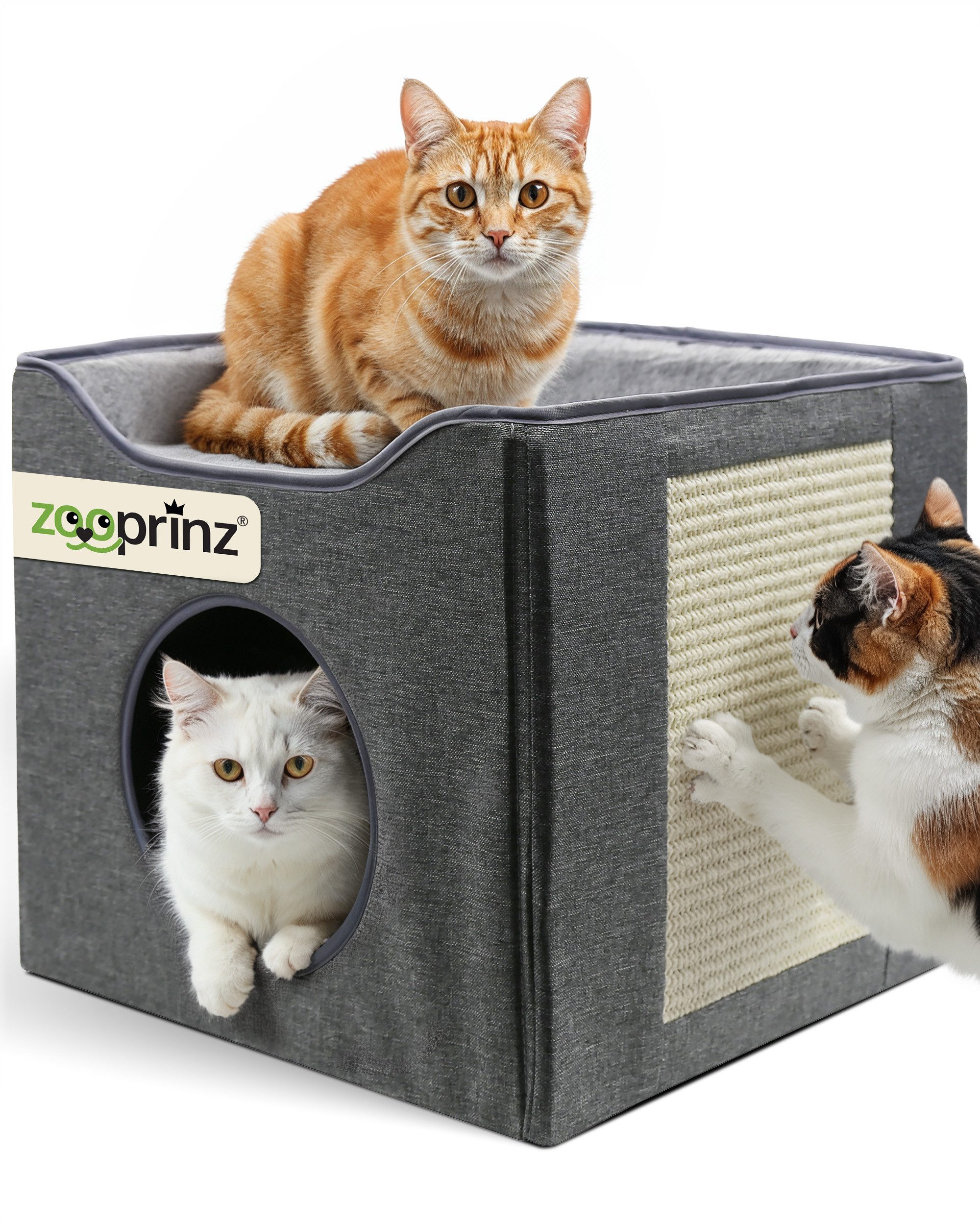 Zooprinz Katzenhaus Katzenhöhle Minka mit Kratzfläche und Wendekissen, faltbar, Sisal, 39 × 39 × 36 cm, Anti-Rutsch-Boden, Leinenstoff, Grau von Zooprinz