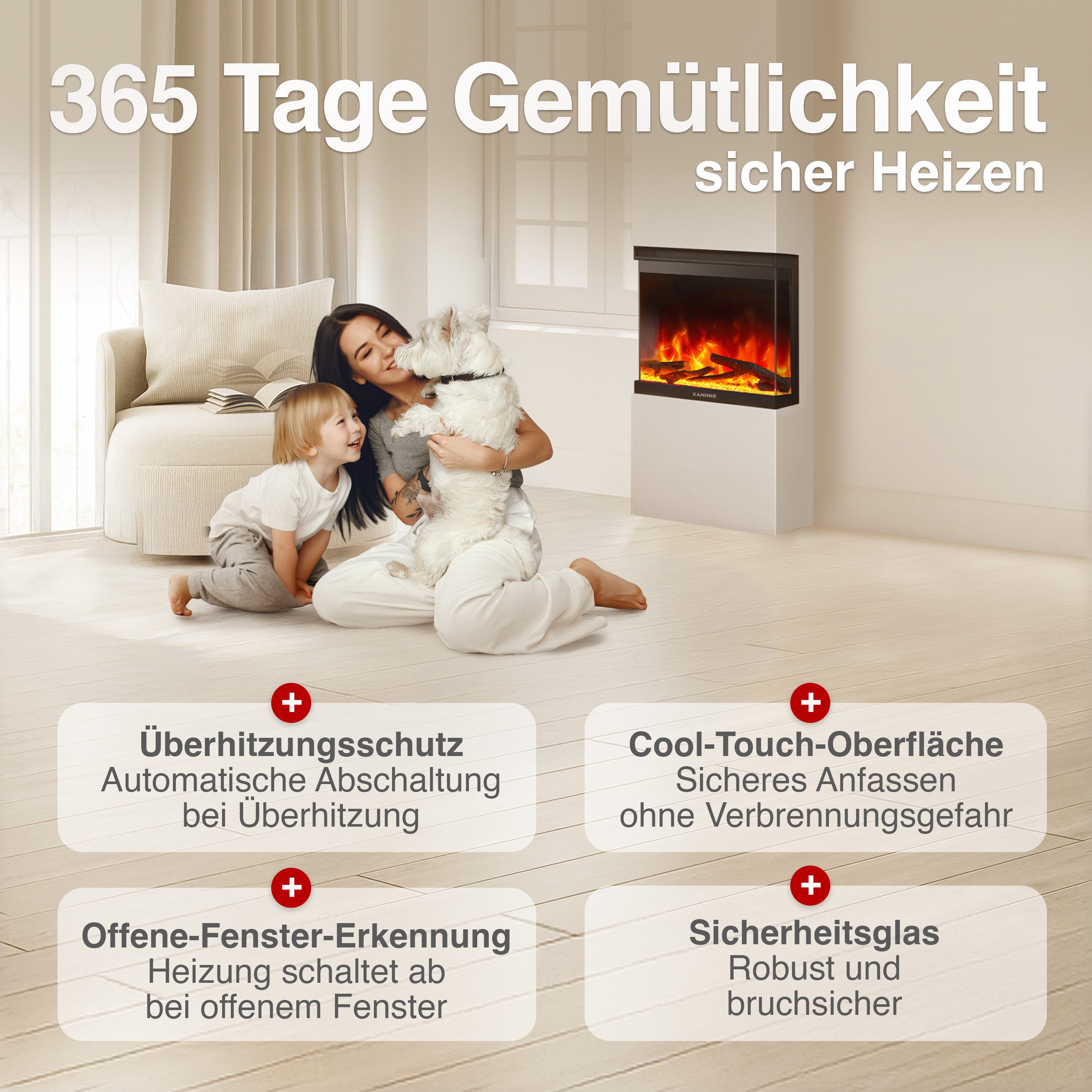 KAMINIO Elektrokamin LEA, 3in1 Kamin: Elektrischer Stand-, Wand- und Einbaukamin, Panoramaview