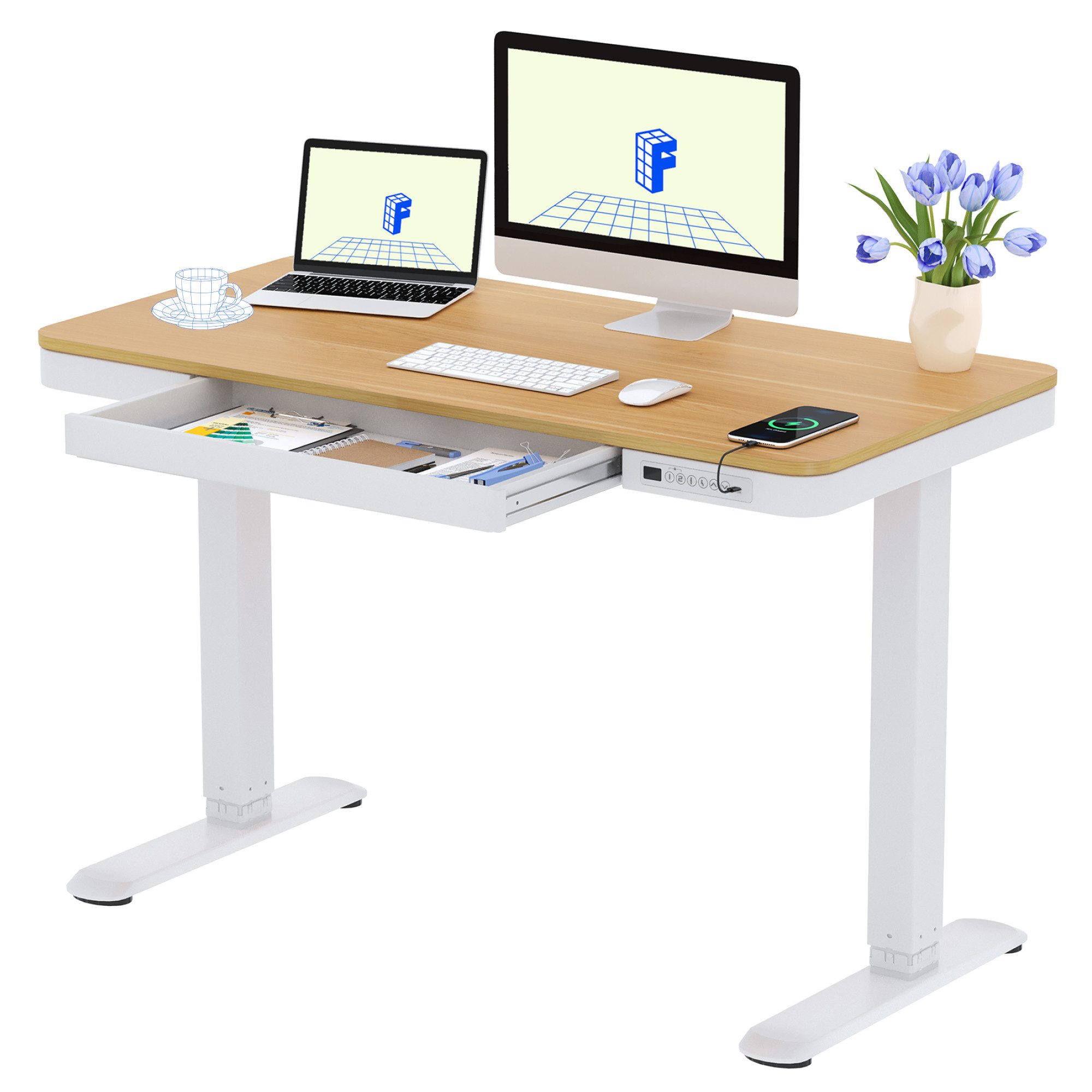 FLEXISPOT Schreibtisch Höhenverstellbarer Schreibtisch MIT Schubladen (mit LED-Höhenanzeige, 4 Speicherhöhen, Anti-Kollisionssystem, USB-C Anschluss), EINFACHE MONTAGE, leise & ergonomisch
