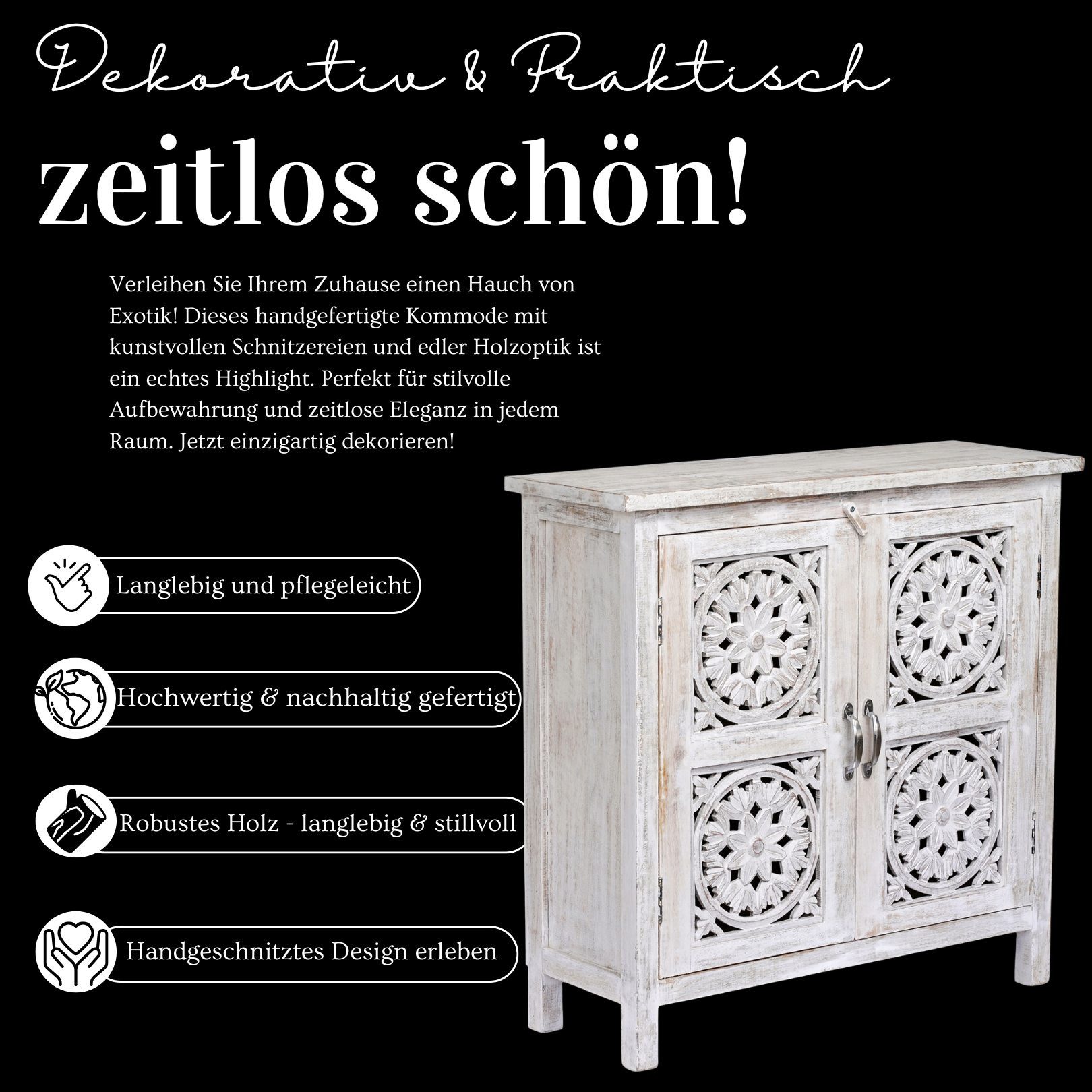 Marrakesch Orient & Mediterran Interior Kommode Landhaus Kommode Ezra weiss 76cm (1 St), Handarbeit