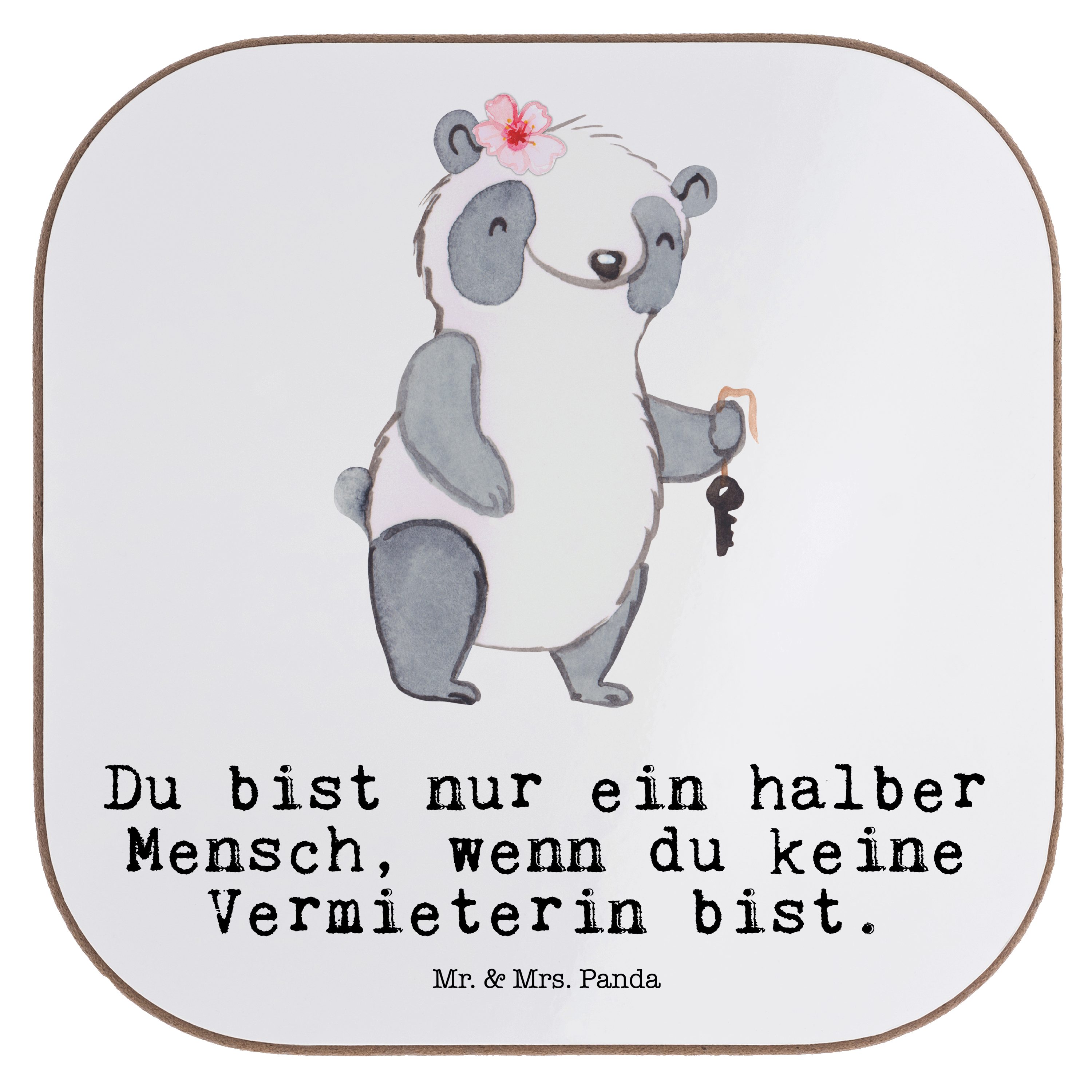Mr. & Mrs. Panda Getränkeuntersetzer Vermieterin mit Herz - Weiß - Geschenk, Getränkeuntersetzer, Bierdeck, 1-tlg.