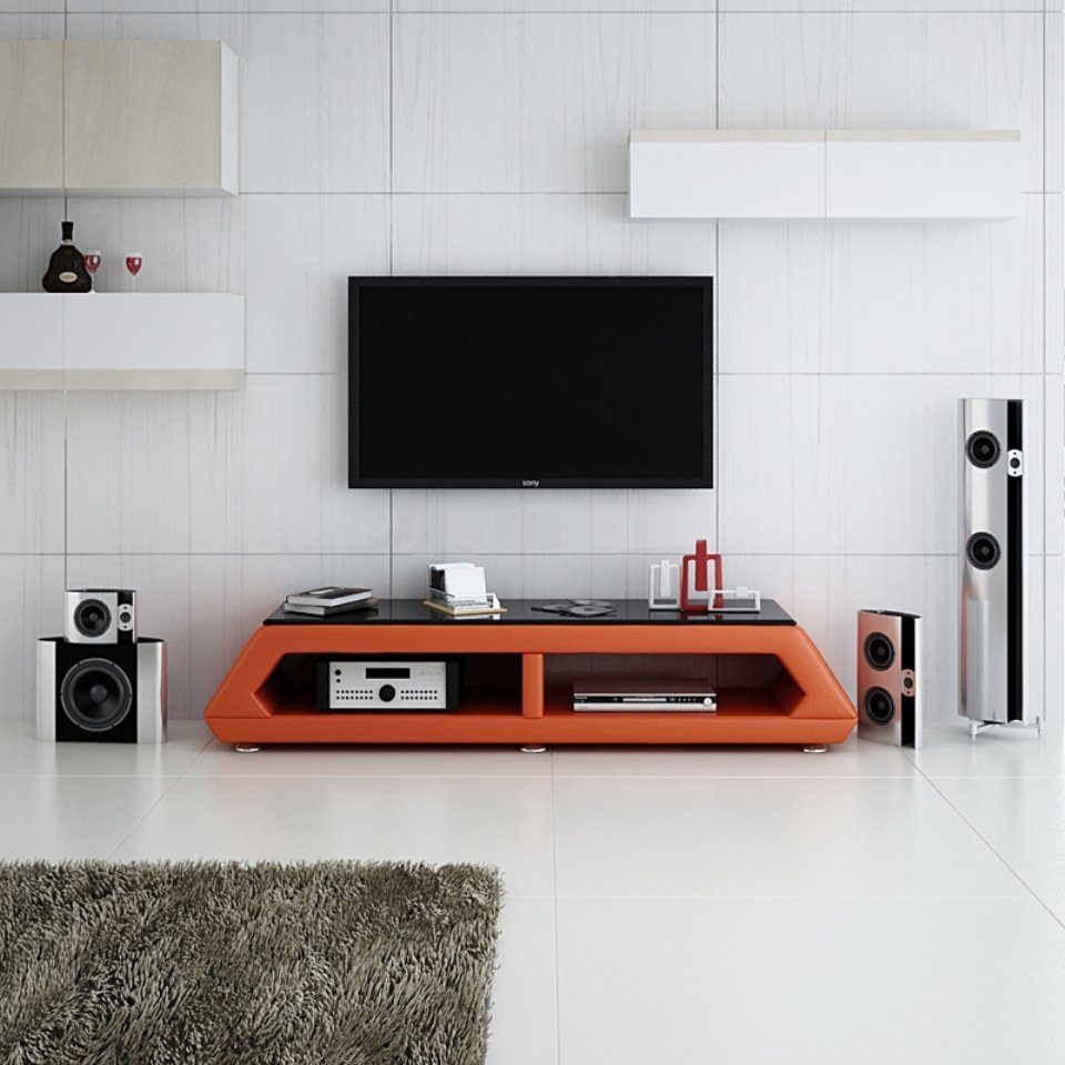 JVmoebel Sideboard RTV TV SIDEBOARD LEDER GLAS TISCH FERNSEH SCHRANK TISCH DESIGNER