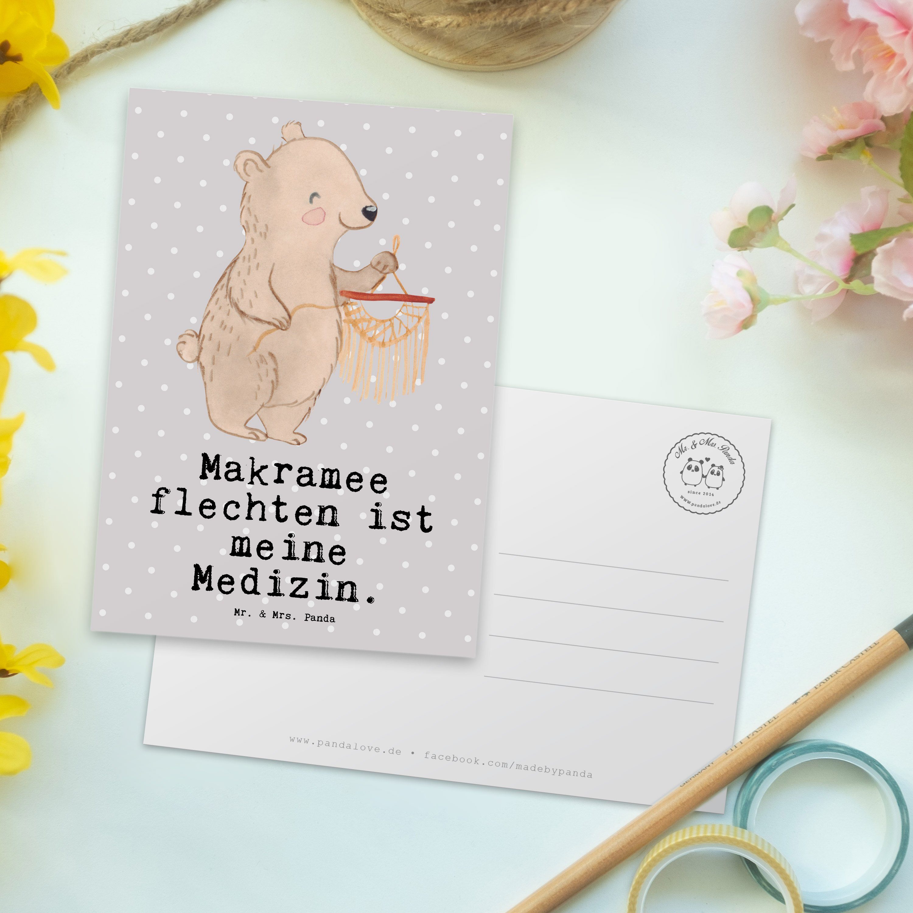 Geschenk, Grußkarte, Pastell Bär Postkarte Makramee & Ein Hobby, - Panda Medizin - Mrs. Grau Mr.