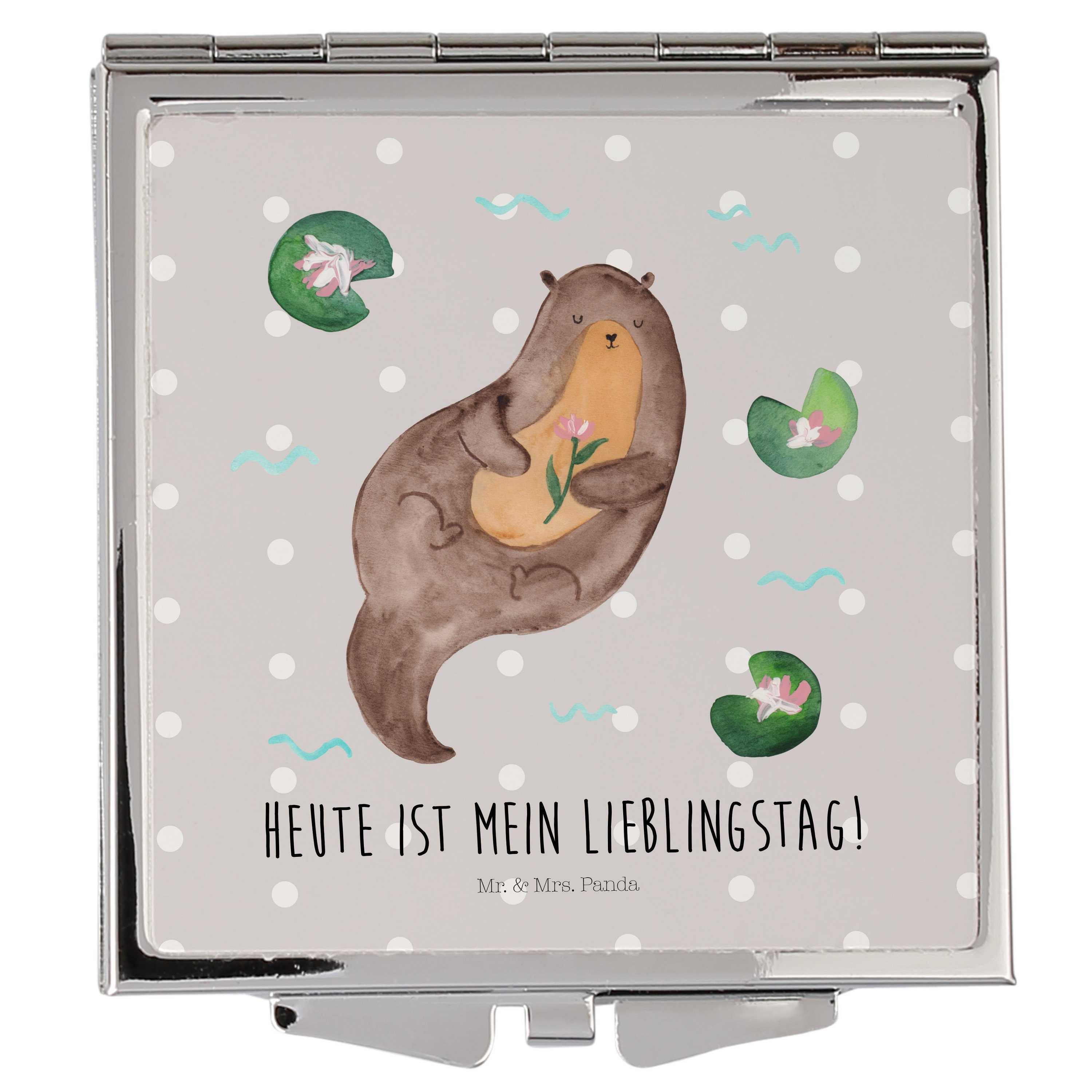 Mr. & Mrs. Panda Kosmetikspiegel Otter mit Seerose - Grau Pastell - Geschenk, silber, Spiegel, Seeotte (1-St)