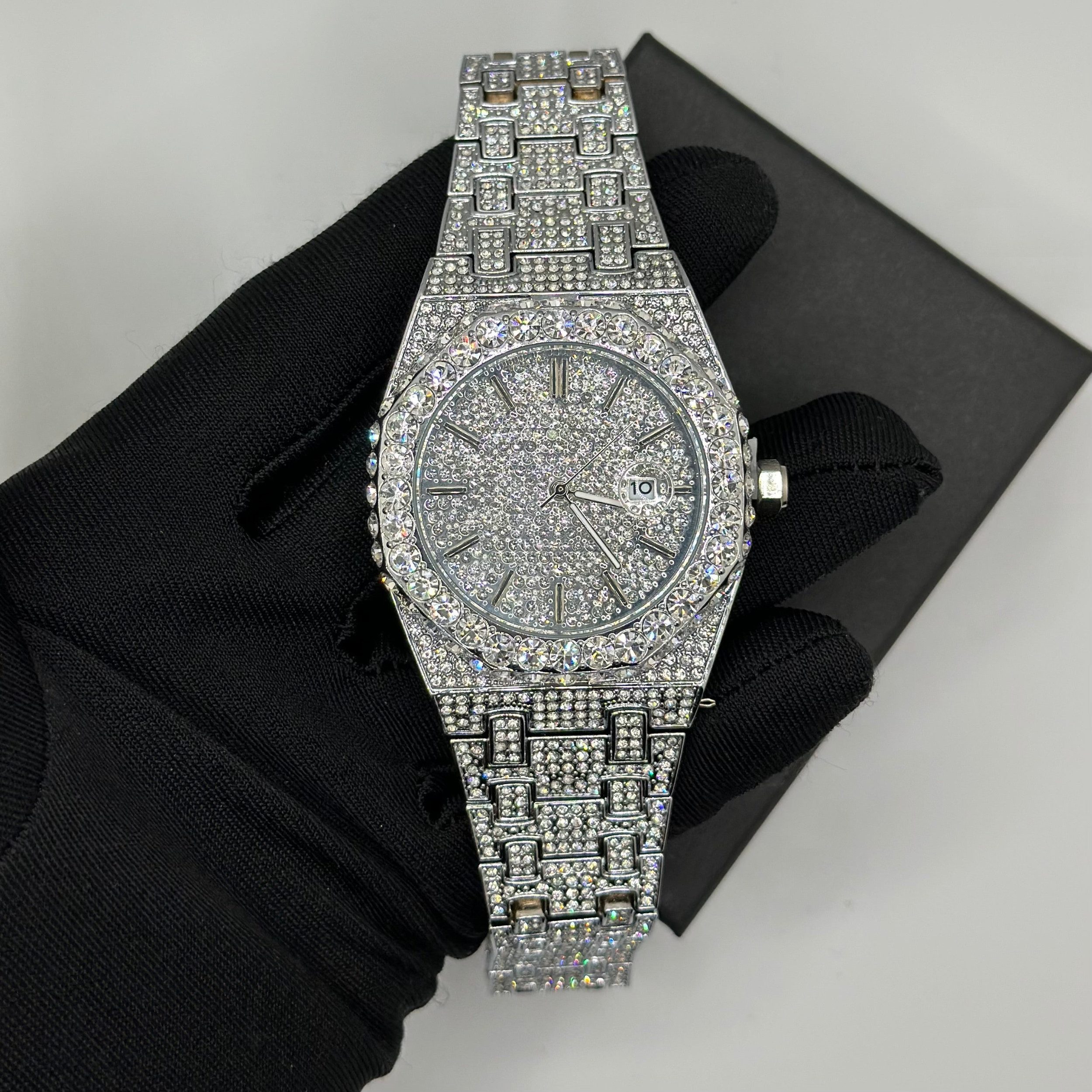S&T Design Quarzuhr Iced Out Uhr Armbanduhr Herrenuhr Achteckig Diamant, (inkl. Armbandkürzer), Lederuhrenbox), Achteckig, Edelstahl, Diamantzirkonia, Wasserdicht 3Bar