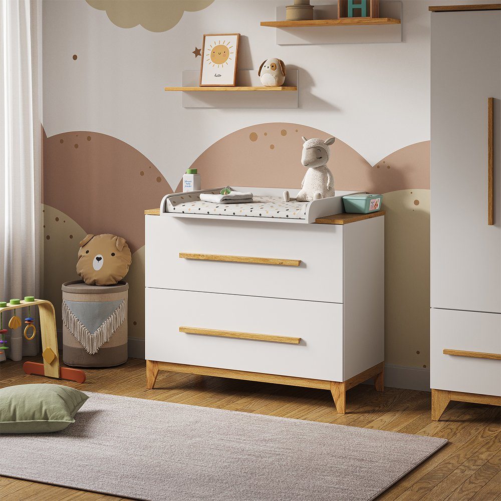 VitaliSpa® Wickelkommode Malia, Weiß/Eiche, 108 x 98 cm mit 2 Schubladen