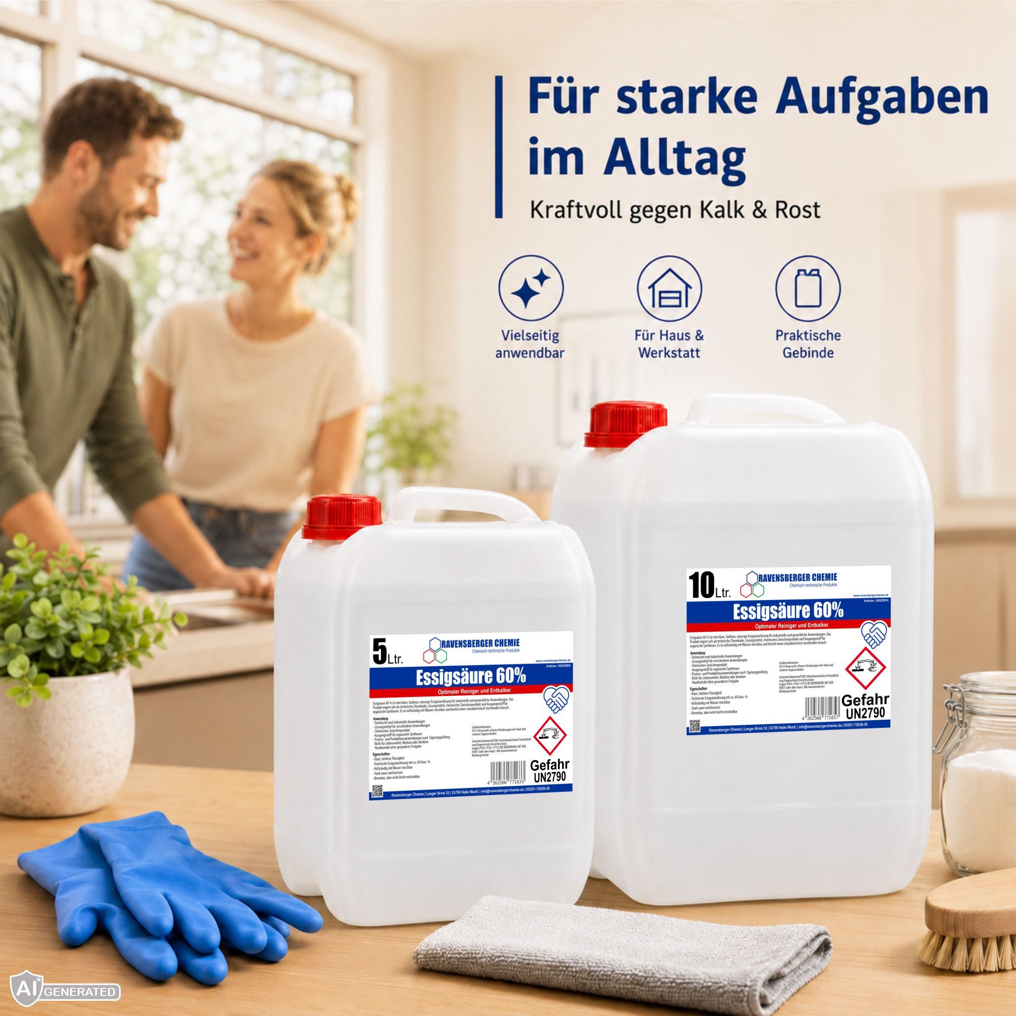 Ravensberger Chemie Essigsäure 60% - für Haushalt, Garten & Industrie Essigreiniger (3-St. 10L Essigsäure 60 % – Konzentrierter Reiniger und Entkalker)