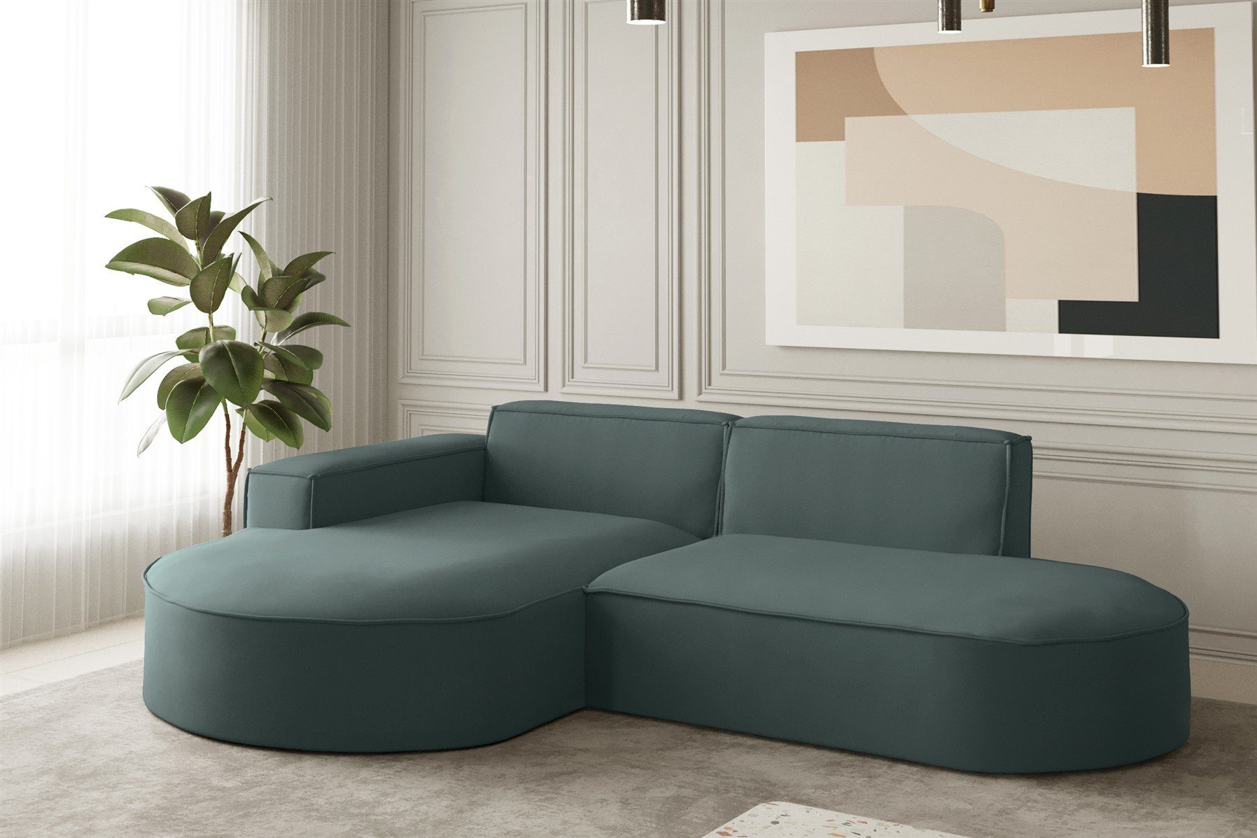 Fun Möbel Ecksofa Ecksofa Designersofa PALMA XS mit mane in Stoff Opera Velvet, mane links oder rechts, Rundumbezug Opalgrün