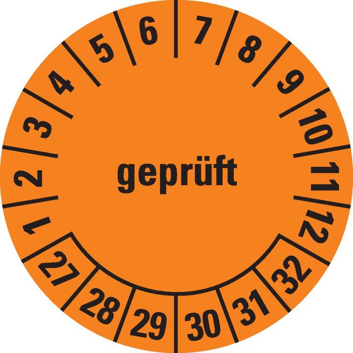Dreifke Hinweisschild Dreifke® Prüfplakette geprüft 27-32 orange Dokumentenfolie selbstklebend Ø15mm 60 St/Bogen