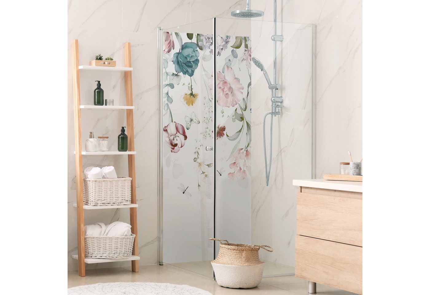 Thumbnail - Bilderdepot24 Badrückwand Blumen pastell Duschrückwand ohne Bohren Dusche Aquarell, (1-tlg., Hart-Folie Premium matt 0,6...