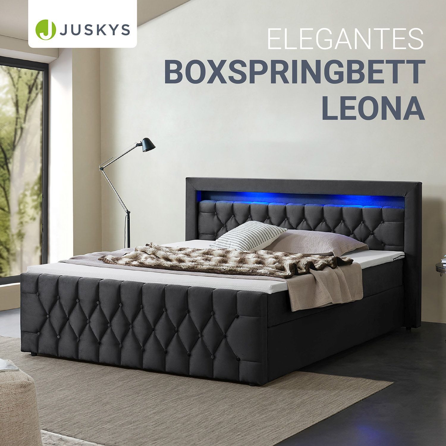 Juskys Polsterbett Leona, 140x200 cm, Boxspringbett-Optik, Samt-Bezug, LED- günstig online kaufen