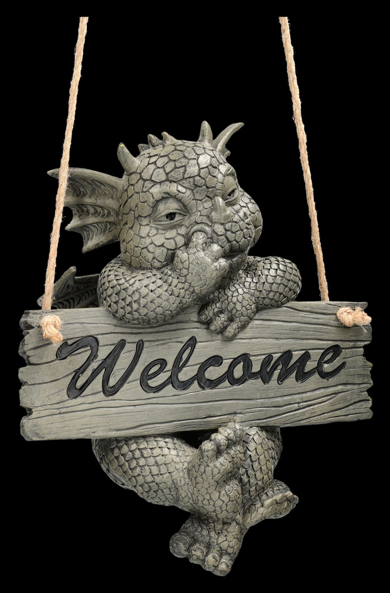 Figuren Shop GmbH Gartenfigur Gartenfigur Drache zum Hängen - Welcome - Garten Dekofigur Dekoration