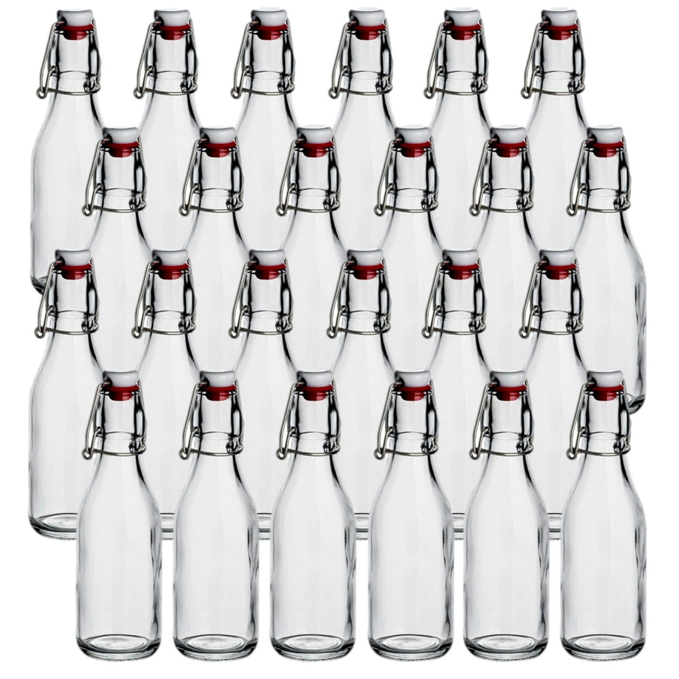 gouveo Trinkflasche Glasflaschen 250 ml rund mit Bügelverschluss rot - Bügel-Flasche, 24er Set