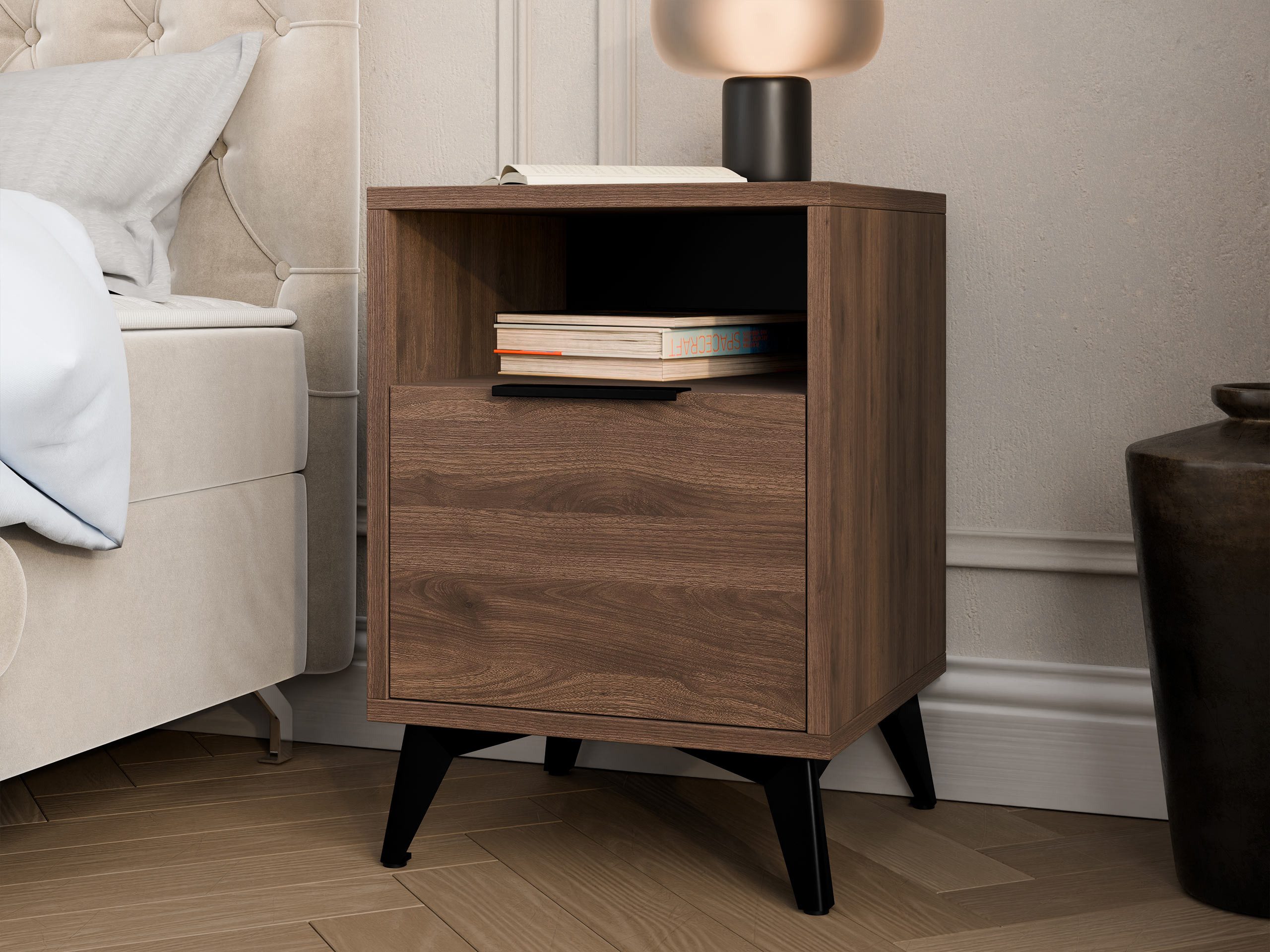 MIRJAN24 Nachttisch Xylix Bis 1SZ (mit Schublade), Griff und Füße aus Metall in der Farbe Schwarz