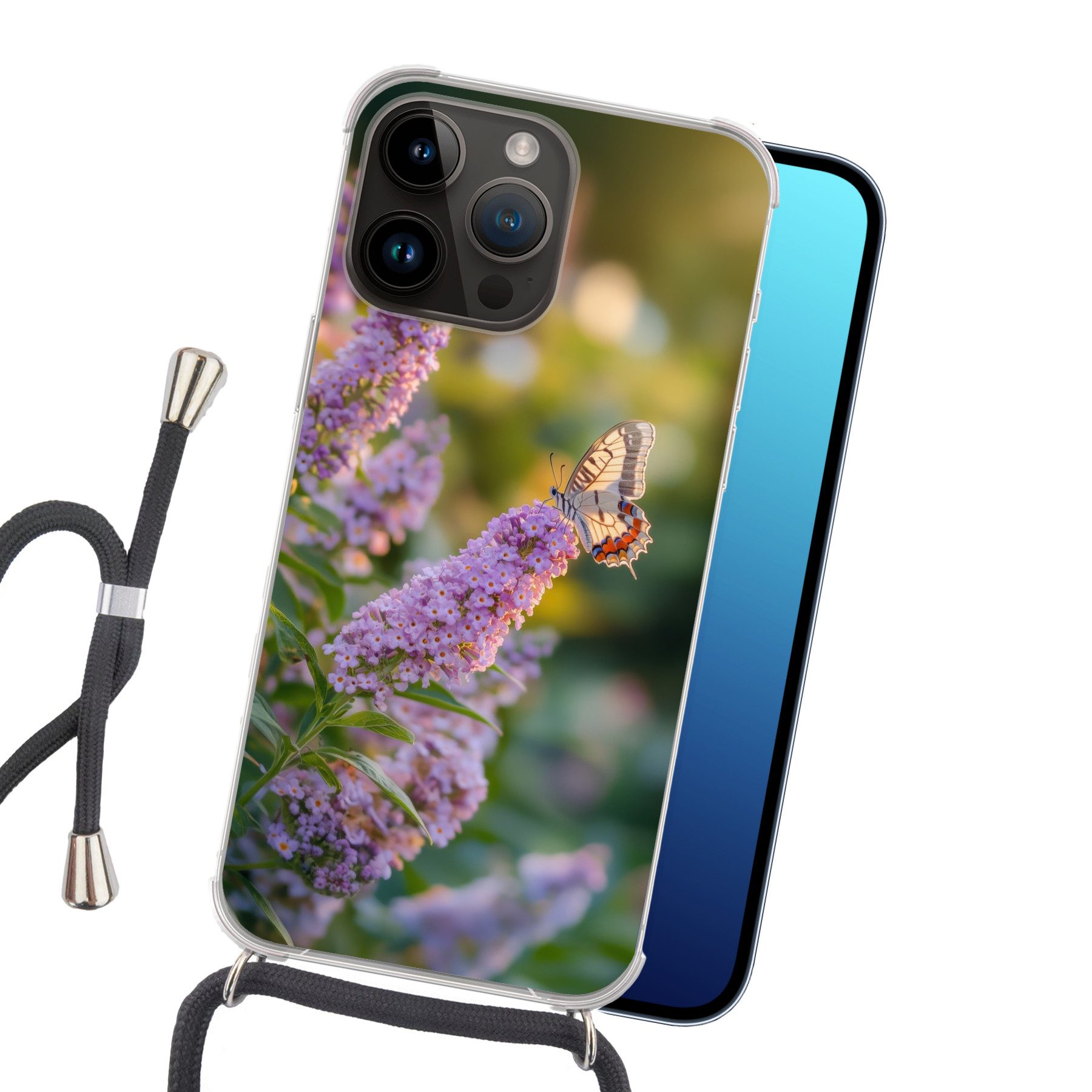 MuchoWow Handyhülle für Apple iPhone 14 Pro Verschnörkelt - Schmetterling - Lila - Blumen, Tragbare Handyhüllen mit Kette zum umhängen, Handykette Handyband
