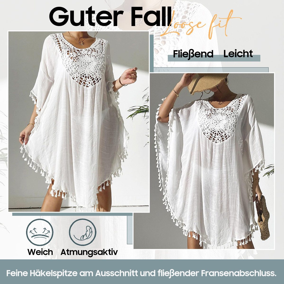 MOPUEA Strandkleid Damen Bikini Cover Up Strand-Tunika mit Fransen Strandbekleidung (Set, 1-tlg., Ideal für viele Anlässe im Sommer) Elegantes Häkel- und Fransen-Design