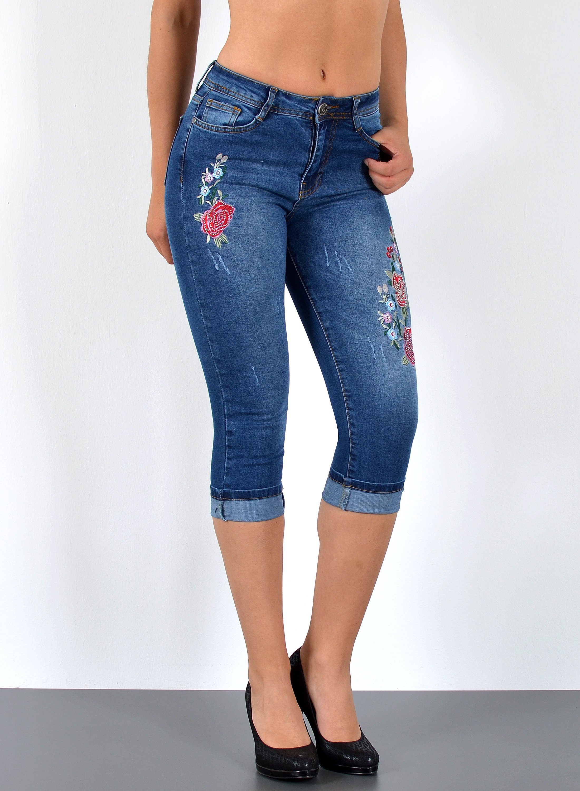 ESRA Caprijeans J470 Damen Capri Jeans Low Waist, bis Übergröße / Plussize Größe, Damen 3/4 Capri Hüftjeans mit niedriger Leibhöhe bis Übergröße, Damen 3/4 Jeans Hose Tief Bund