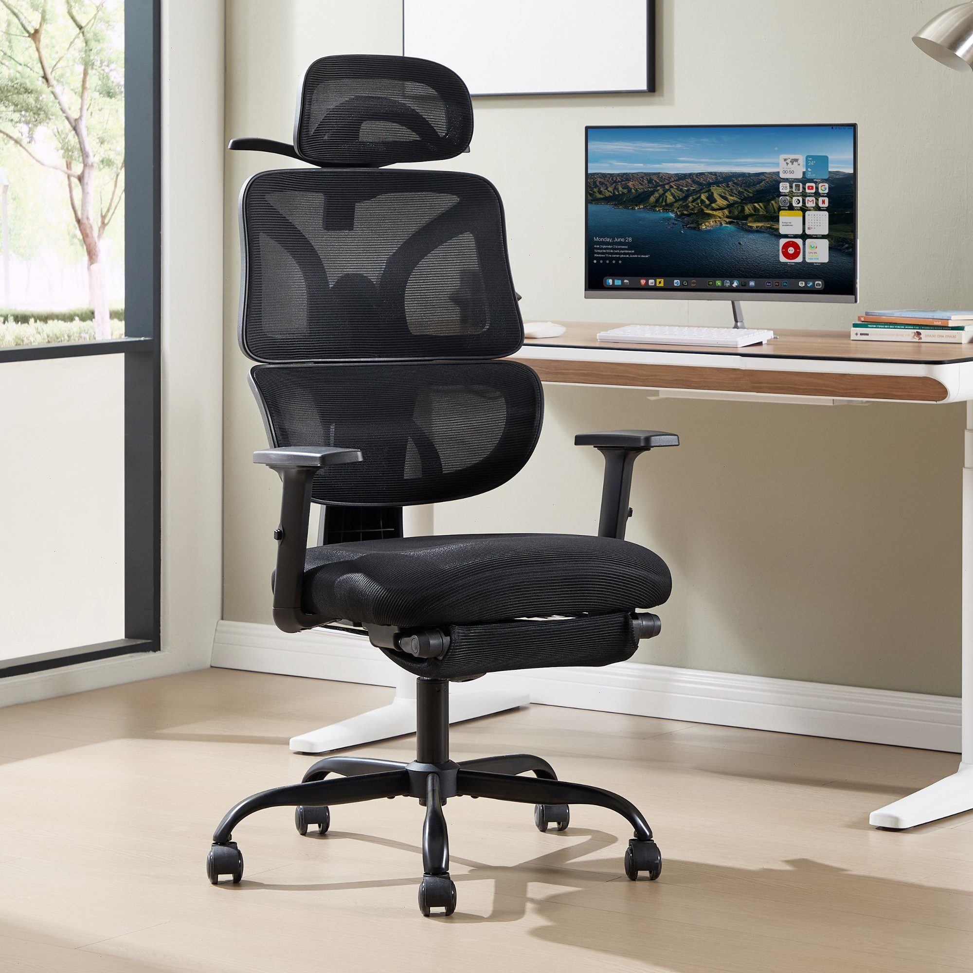UEV Bürostuhl ergonomisch mit Fußstütze Mesh neigbar bis 135°,atmungsaktiver Stoff (Packung), Verstellbarer Kopfstütze/Armlehnen/Dynamischer Lordosenstütze