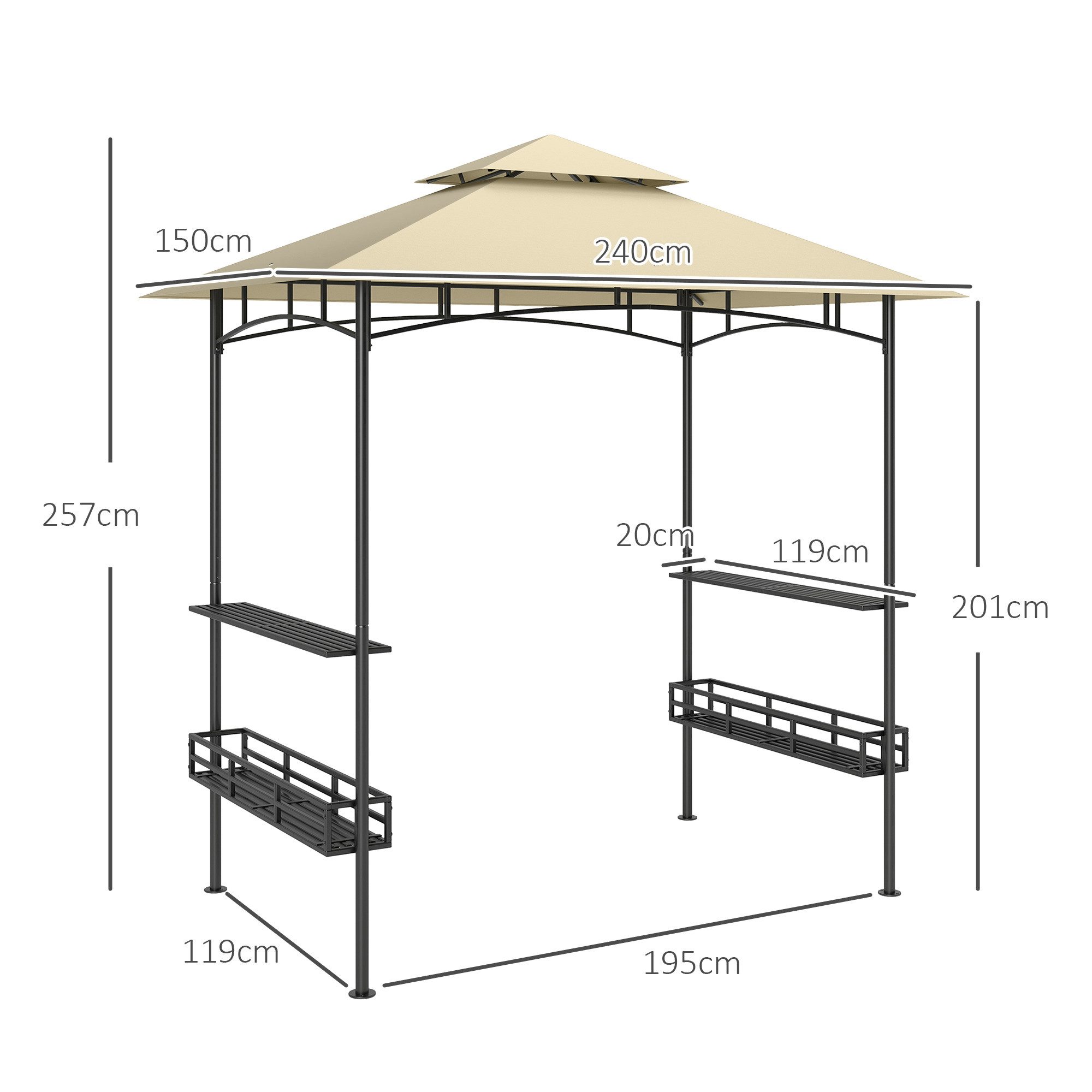 Outsunny Grillpavillon wasserdicht flammhemmend mit Doppeldach, Seitenregalen, mit 0 Seitenteilen, (Gartenpavillon, Gartenlauben), mit UV-Schutz, aus Stahl, 240 x 150 x 257 cm, für Party, BBQ, Beige