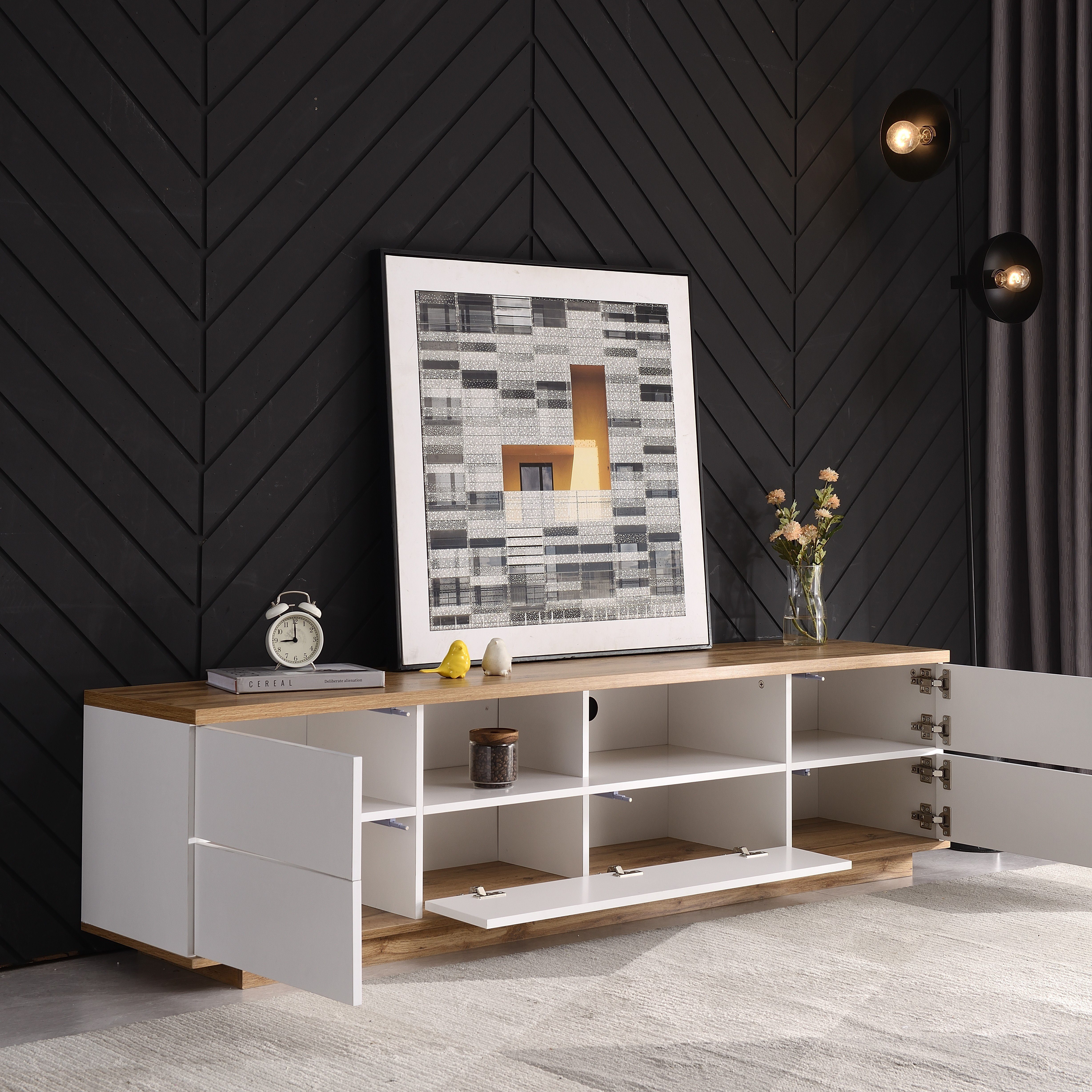 Lowboard, Weiß Hochglanz TV Schrank Fernsehtisch Fernsehschrank, Breite 180cm