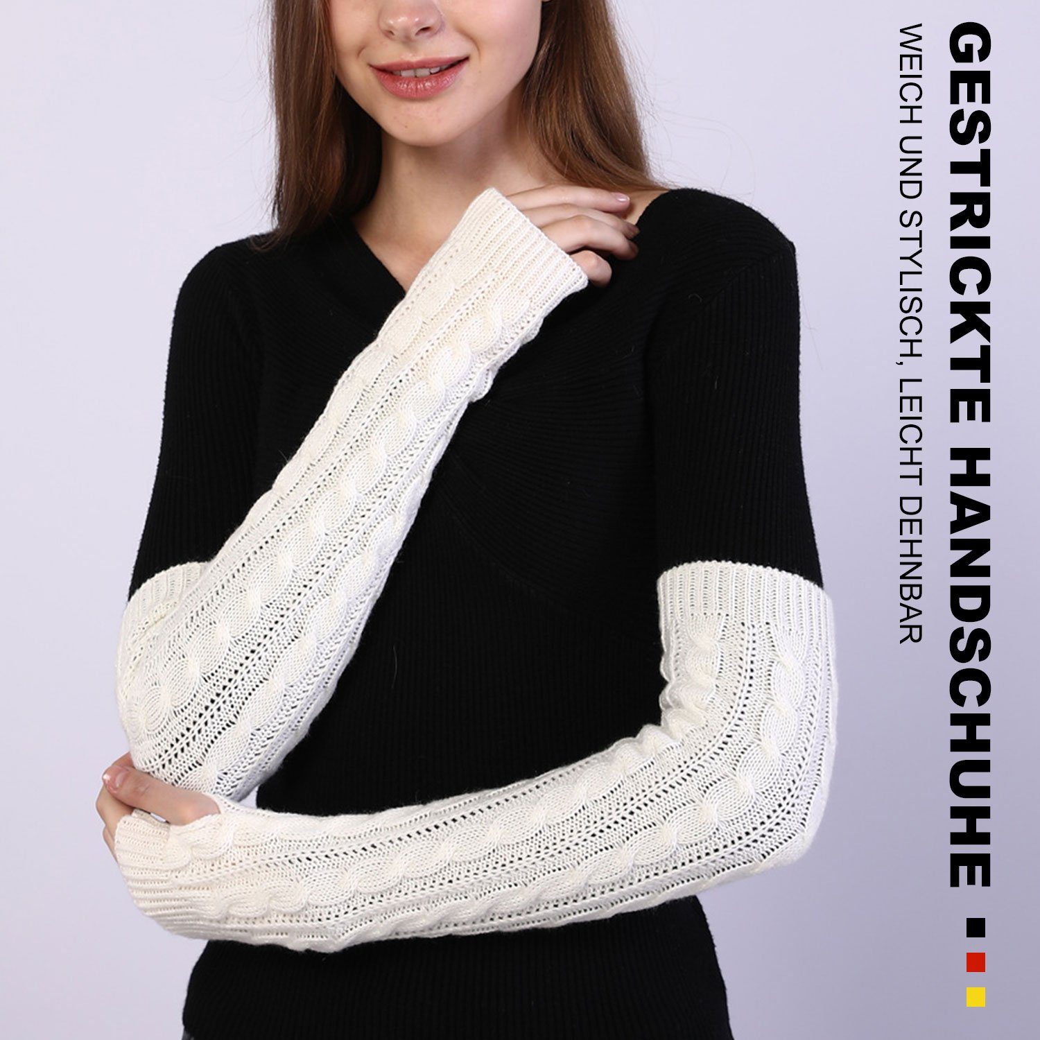 Strickhandschuhe Daumenloch MAGICSHE Damen Fingerlose Weiß Handschuhe Gestrickte