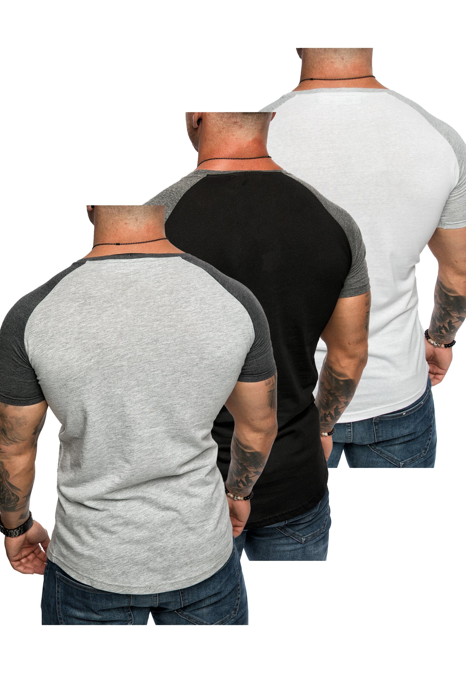 Schwarz/Anthrazit Kontrast 3er-Pack T-Shirts Amaci&Sons Herren T-Shirt + Raglan (3er-Pack) Basic (Grau/Anthrazit 3. Weiß/Grau) T-Shirt Oversize + OMAHA