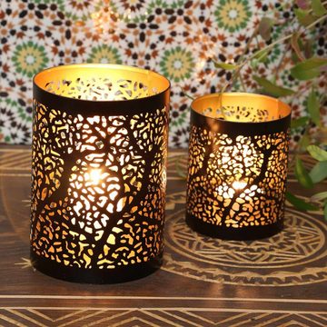 Casa Moro Windlicht Orientalischer Kerzenhalter Ancona 2er Set rund Gold Schwarz (Marokkanische Teelichthalter wie aus 1001 Nacht), Ramadan Tisch Wohn Deko Eid Windlicht IRL80
