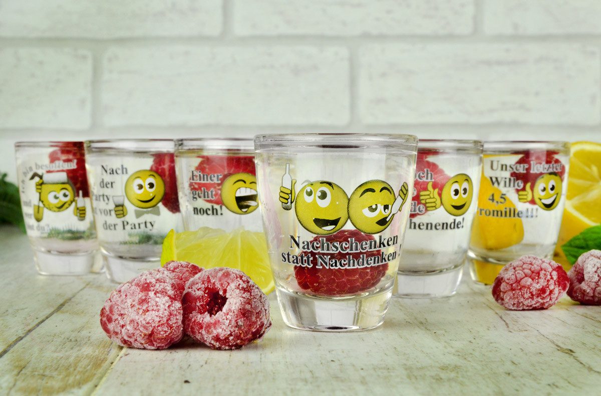 Sendez Schnapsglas 6 Schnapsgläser mit Sprüchen Shots Stamper Wodkagläser Barrel, 6-tlg., Glas
