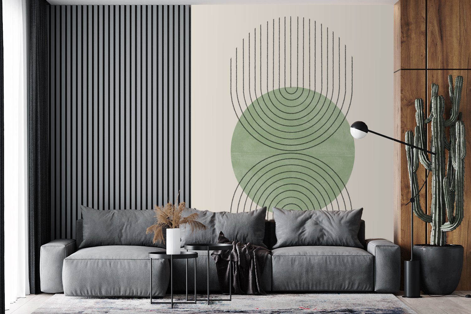 MuchoWow Fototapete Kreis - Linien Wohnzimmer, für Matt, Vinyl (4 Abstrakt - Grün, St), bedruckt, Tapete - Wandtapete Montagefertig