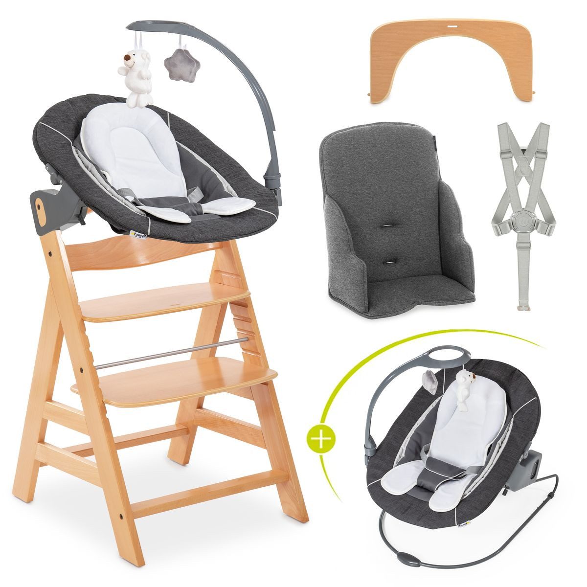 Hauck Hochstuhl Alpha Plus Newborn Set Deluxe - Natur, Holz Babystuhl ab Geburt mit Neugeborenen Aufsatz & Sitzverkleinerer