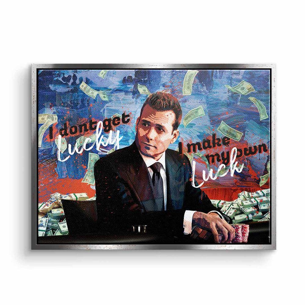 DOTCOMCANVAS® Leinwandbild, Wandbild Motivationswandbild I make my own luck Harvey Specter Suits silberner Rahmen