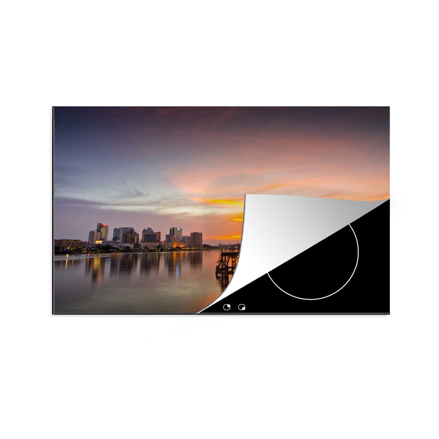 MuchoWow Herdblende-/Abdeckplatte Sonnenuntergang über Kampung Surabaya und dem Fluss der Stadt in, Vinyl, (1 tlg), 81x52 cm, Induktionskochfeld Schutz für die küche, Ceranfeldabdeckung