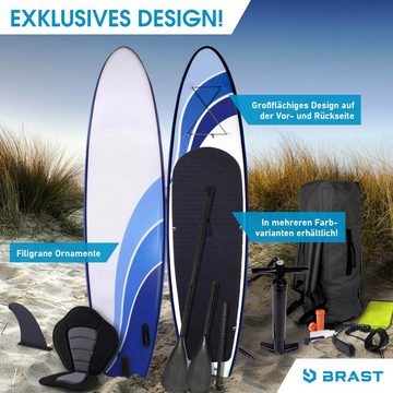 BRAST SUP-Board Wave Design Aufblasbares Stand up Paddle Set 300-365cm, (5 Jahre Garantie inkl. Sonderzubehör, 2in1 Paddel Kajak-Sitz Action-Cam-Halterung), Fußschlaufe Paddel Pumpe Rucksack