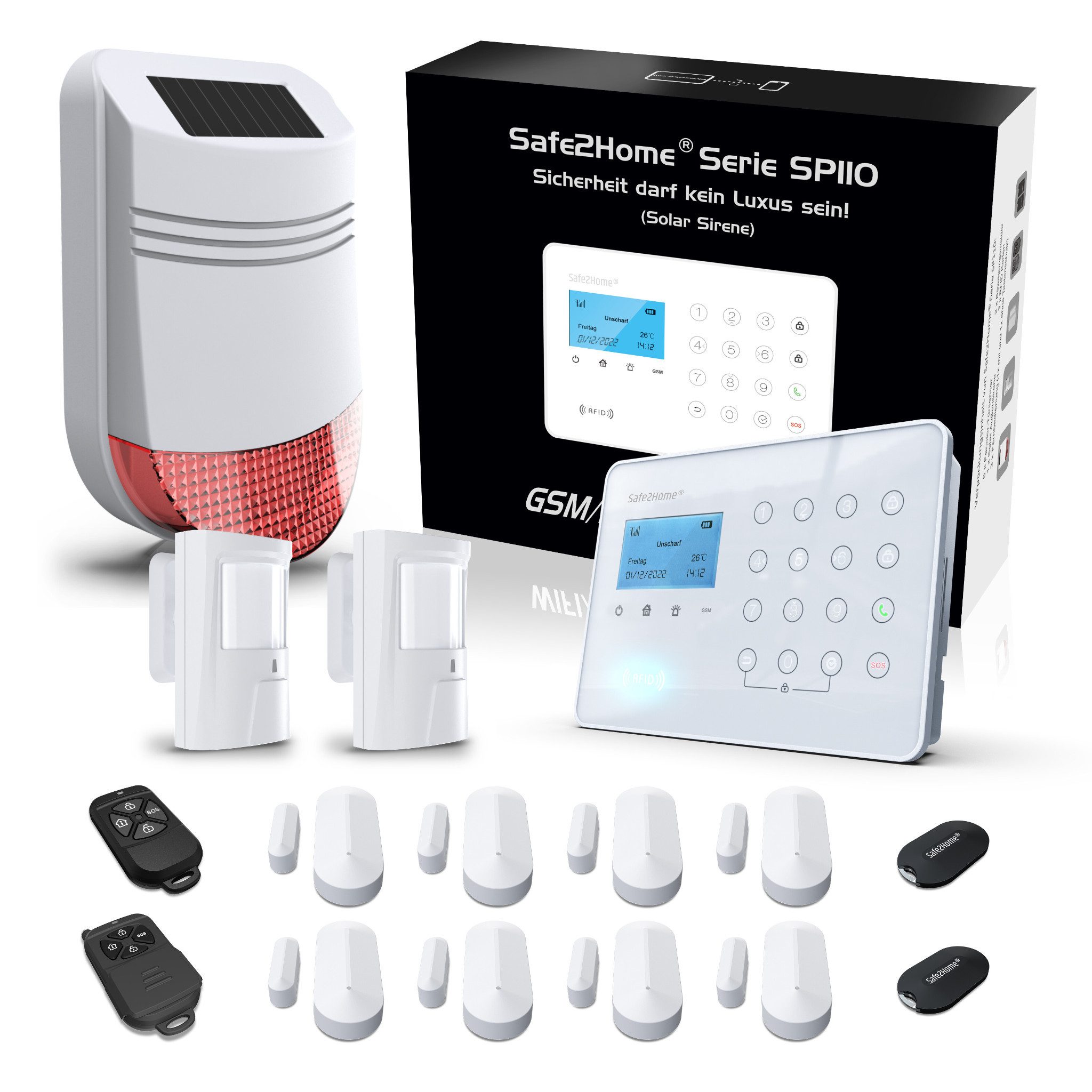 Safe2Home Funk Alarmanlage Großes Set SP110 deutsch Alarmsystem SMS Alarmierung Alarmanlage (Sabotageschutz, SMS, Selbstmontage, App, Notstrom Versorgung)