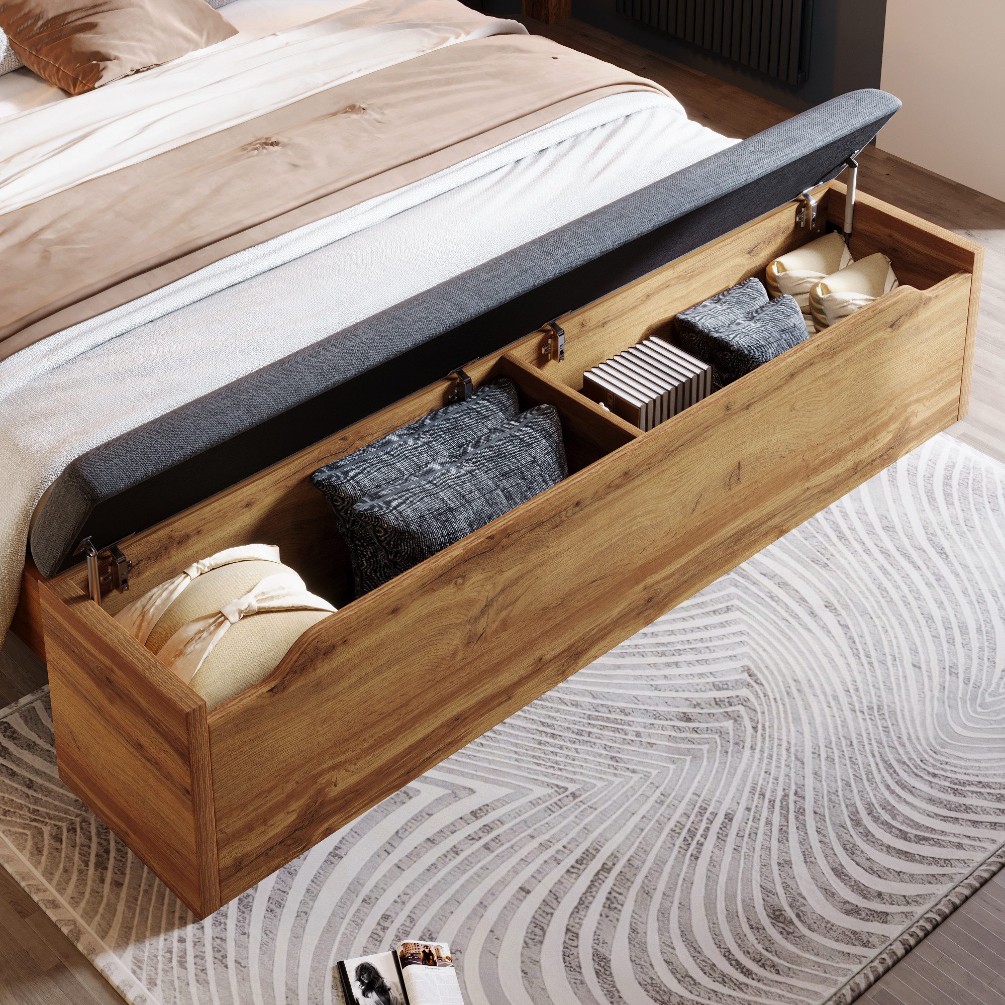 Flieks Holzbett, Doppelbett 160×200cm mit Leselampe, Nachttisch mit Aufladen, Sitzbank