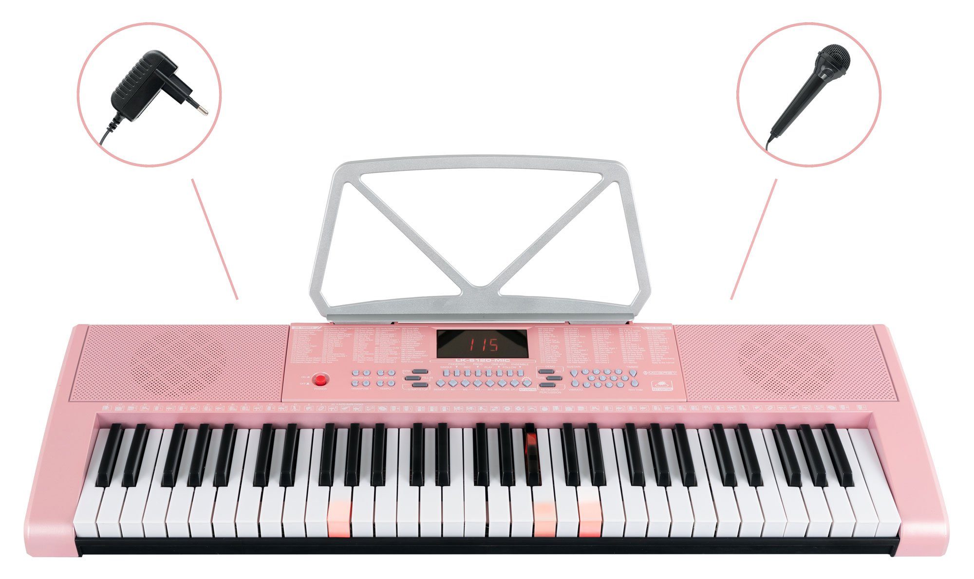 McGrey Home-Keyboard LK-6120-MIC - Einsteiger-Keyboard mit 61 Leuchttasten (2-St., Inkl. Mikrofon und Notenhalter), 255 Sounds und Rhythmen - 50 Demo Songs mit Lernfunktionen