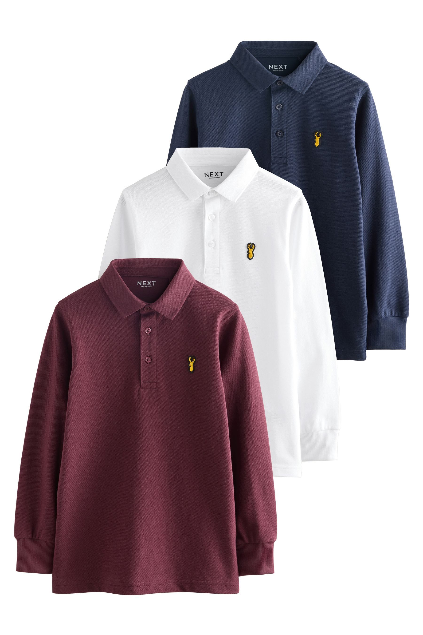 Next Langarm-Poloshirt Langärmelige Poloshirts, 3er-Pack (3-tlg)
