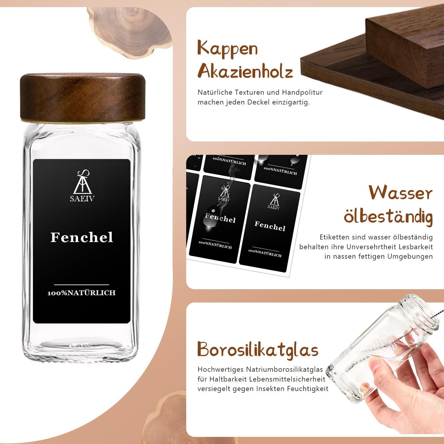 KingLux Gewürzbehälter 35Stk.Gewürzdosen Mit 200 Gewürzetiketten,Gewürzgläser Eckig -Set, Borosilikatglas+Akazienholz, (35-tlg) – Bild 3 von 5