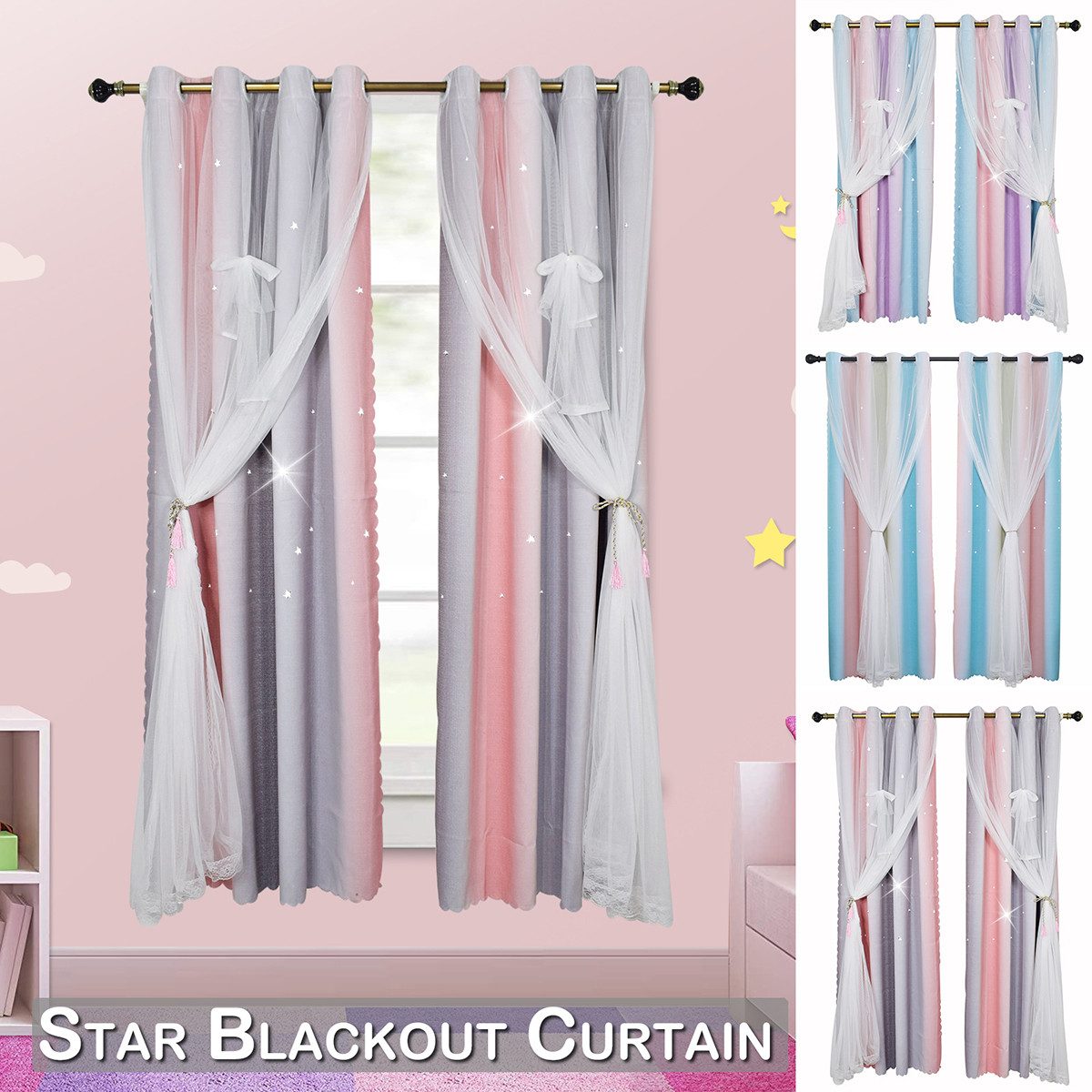 Rosnek Vorhang Ausgehöhlte Sterne, Doppellagige,T üll, Öse, für Kinderzimme günstig online kaufen