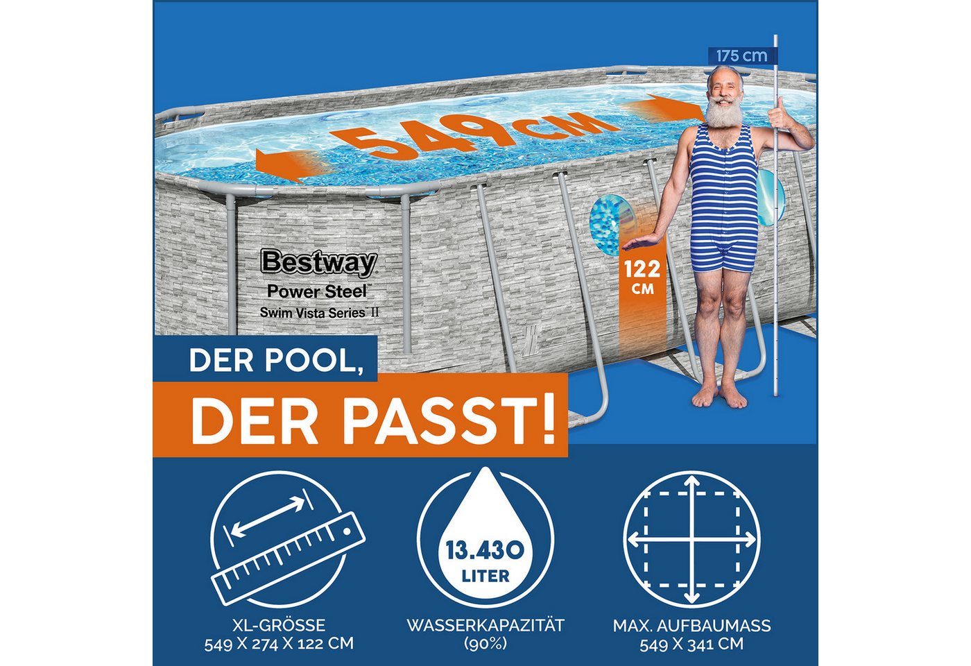 Thumbnail - Bestway Framepool Power Steel™ Swim Vista Series™ (Packung, ohne Zubehör), 549 x 274 x 122 cm