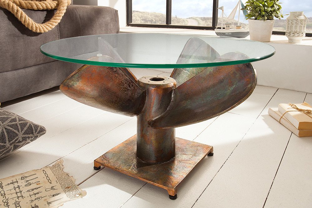 riess-ambiente Couchtisch OCEAN M Ø60cm transparent / kupfer geflammt (Einzelartikel, 1-St), Wohnzimmer · Glasplatte · rund · Maritim · Schiffsschraube · Metall