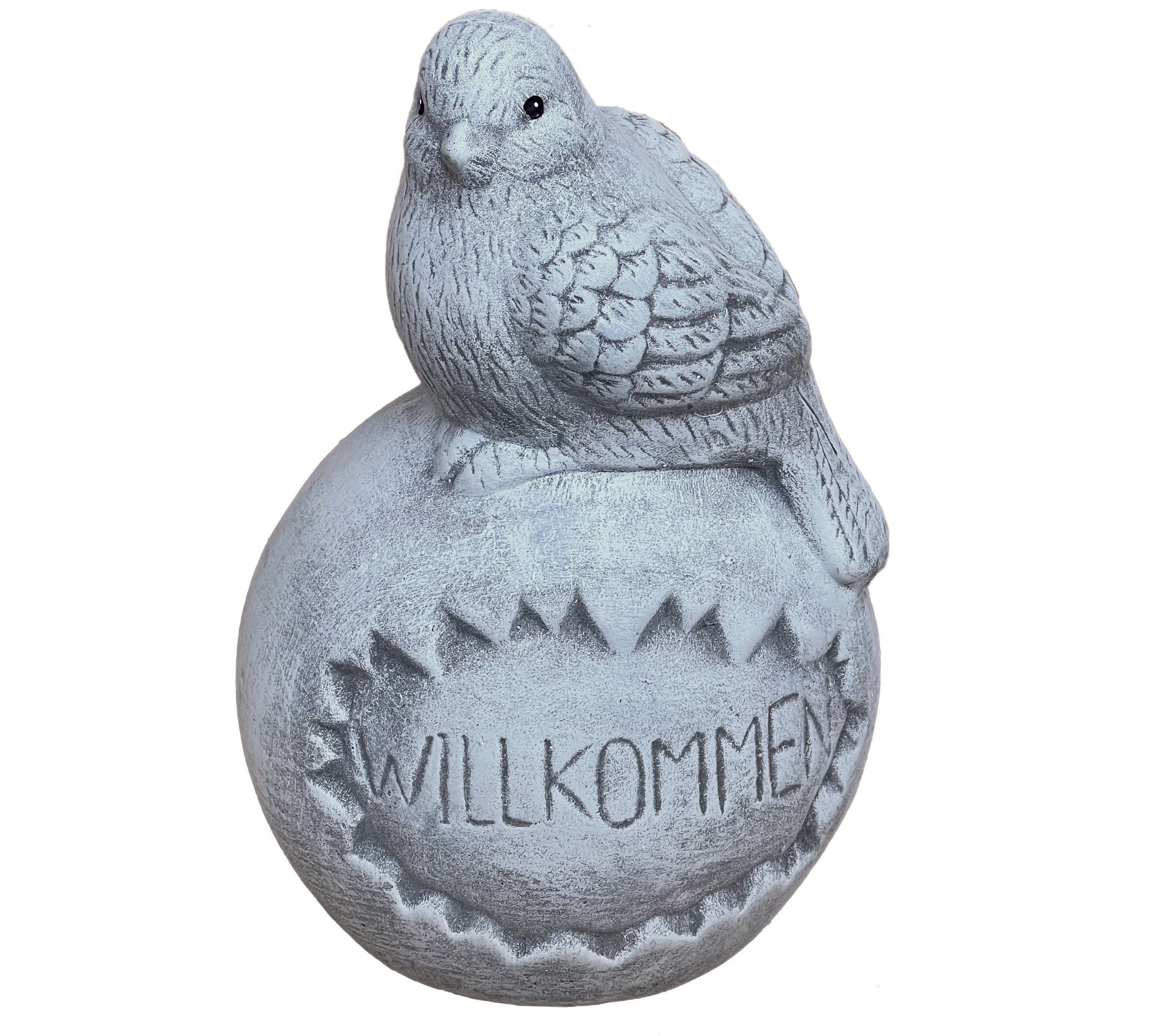 Stone and Style Gartenfigur Steinfigur Vogel auf Kugel "Willkommen", Steinguss frostfest