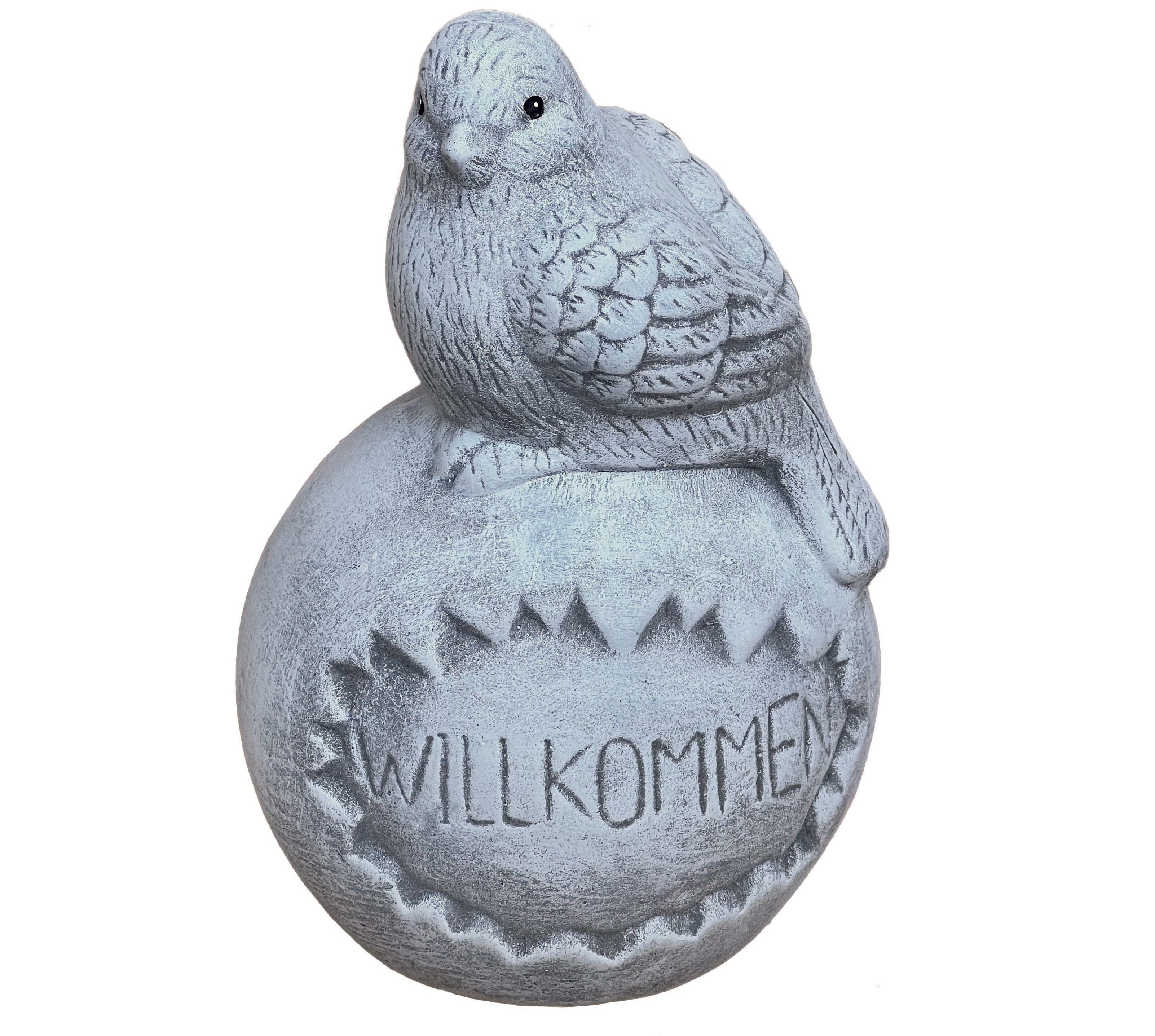 Stone and Style Gartenfigur Frostfeste Steinfigur Vogel auf Kugel Willkommen