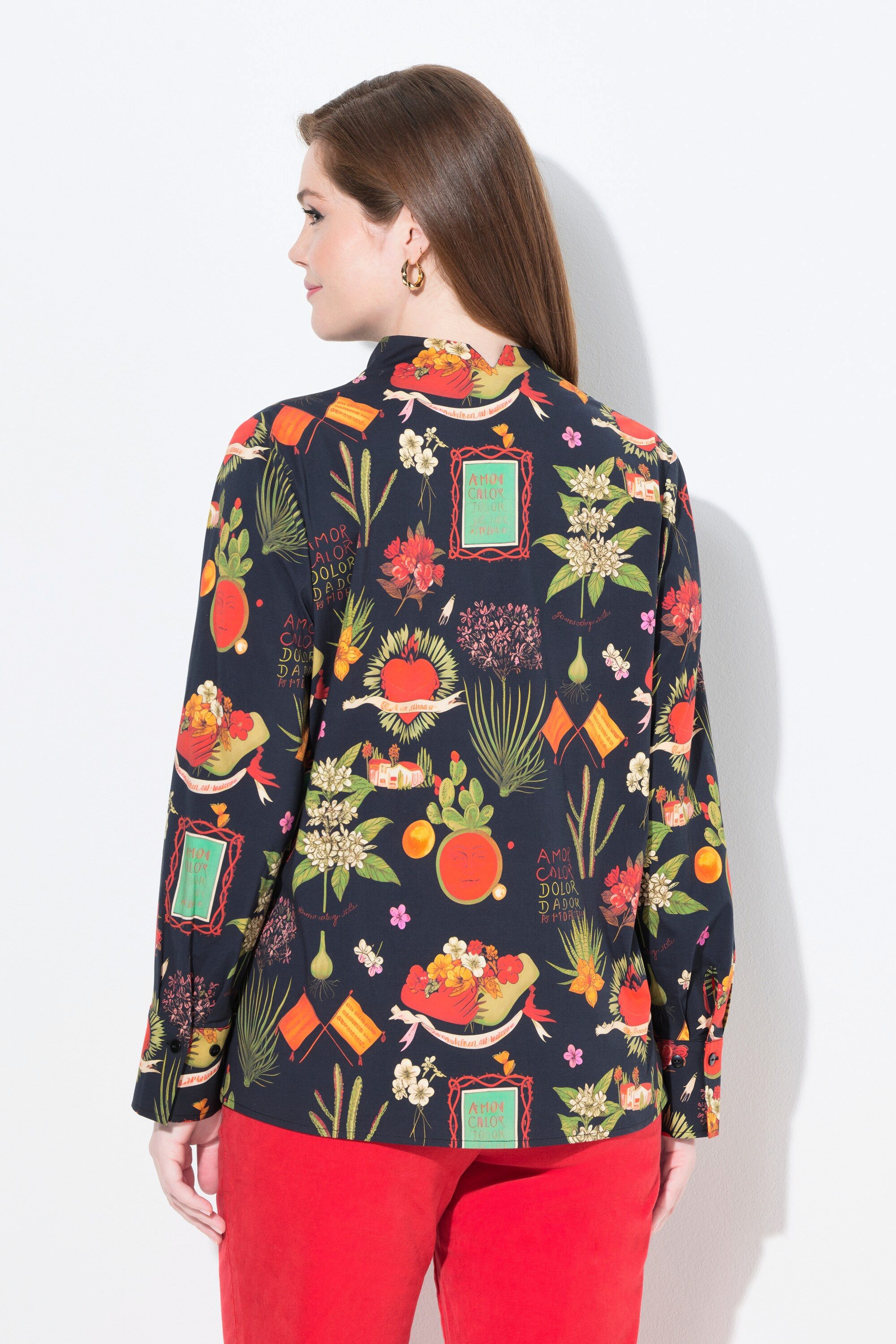 Ulla Popken Longbluse Bluse Landhaus-Druck Kelchkragen Langarm