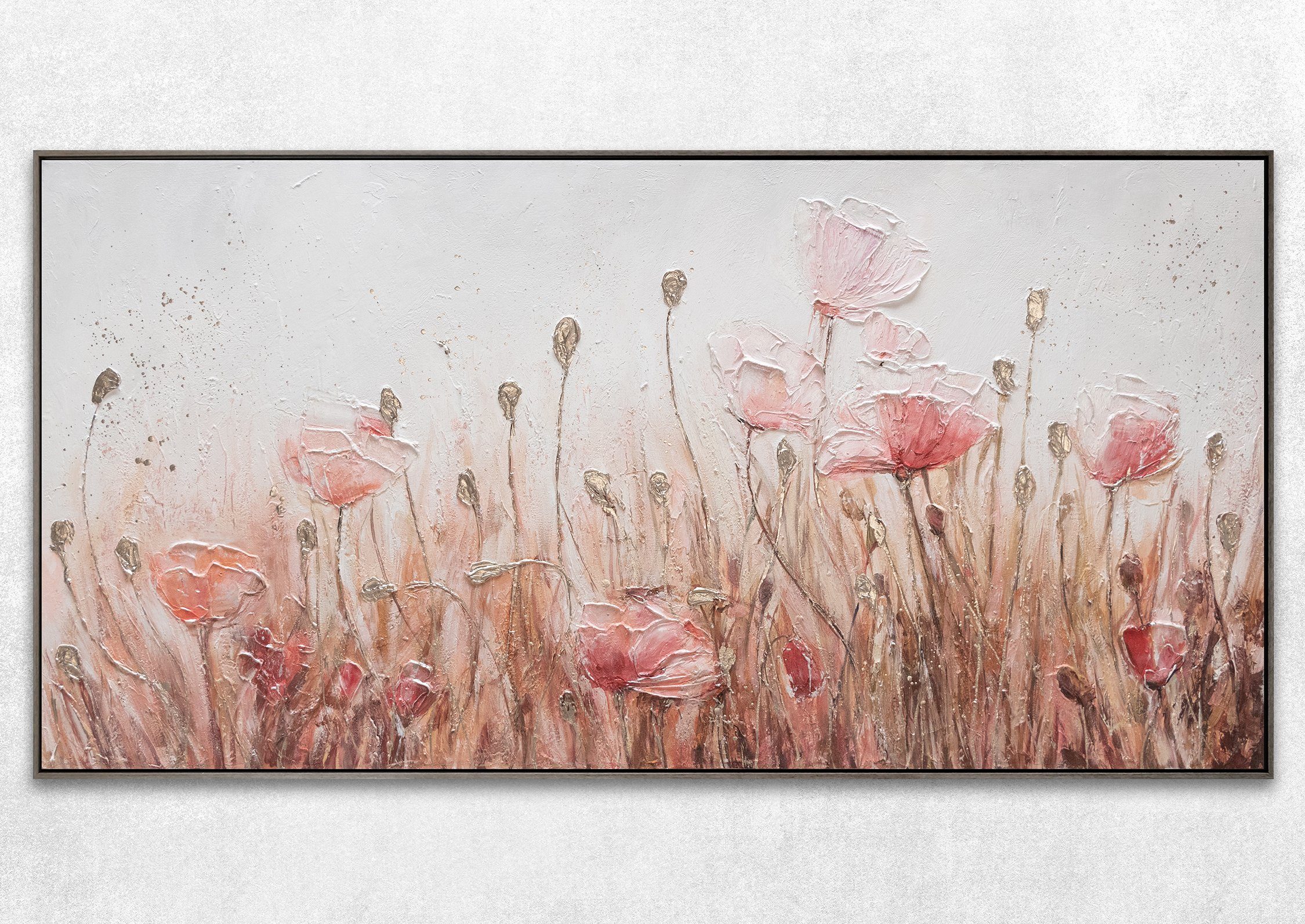 Leinwand Gemälde Flieder in YS-Art April, Rahmen Grau Blumen, Rosa Mit Mohnblumen
