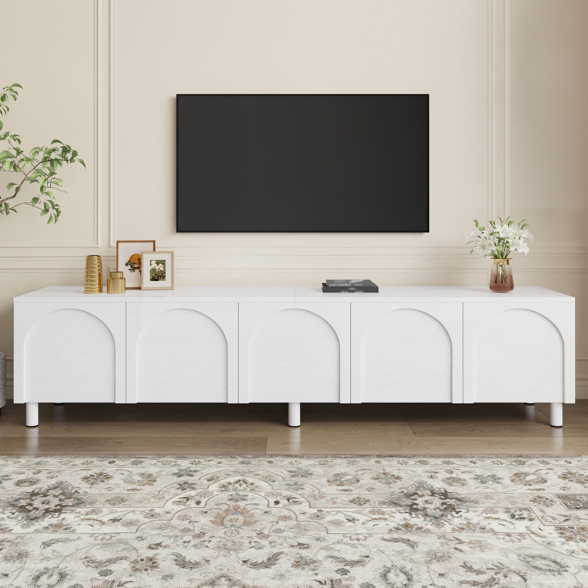 Merax Lowboard Fernsehtisch mit geschwungenem Design (180 x 38 x 45 cm (L x B x H), 1 St), TV-Schrank mit 5 Türen, Metallfüßen & Kabeldurchlass – Bild 3 von 5